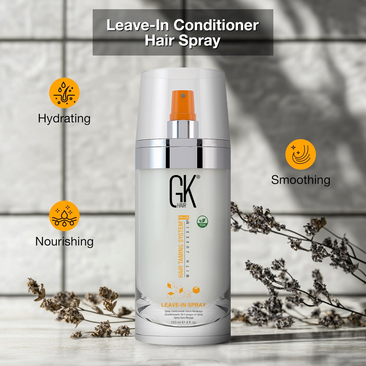 Light Gray GK HAIR Vegan Leave In Conditioner Spray – Lightweight Detangler Spray For Frizz Control & Heat Protectant for All Hair Types, 120ml