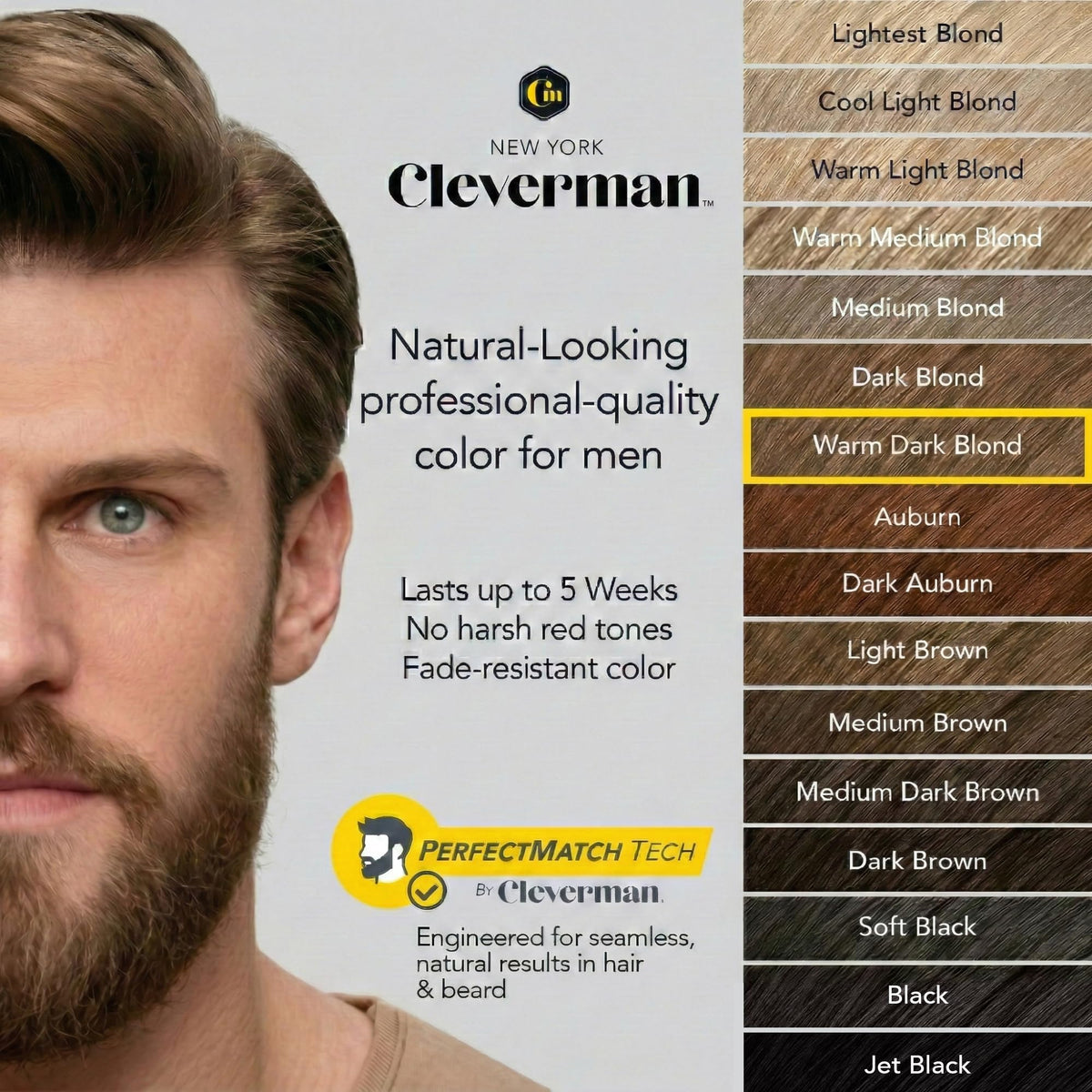 Light Gray Cleverman Hair & Beard Dye for Men, Warm Dark Blond 7.31, Gray Coverage