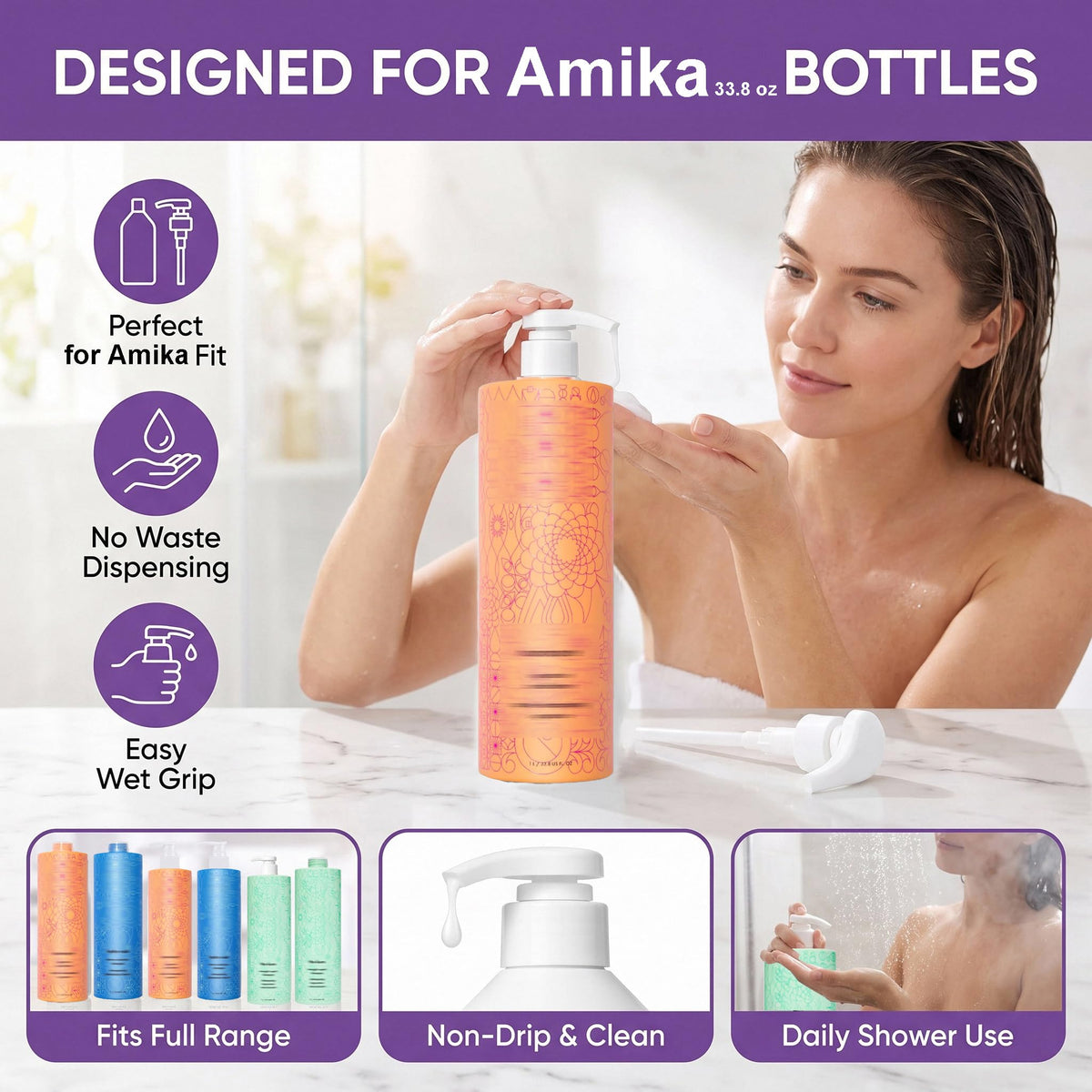 White Smoke 2 Packs Pump Compatible with amika Shampoo and Conditioner 1L/33.8 Fl Oz Bottles, Dispensing Liter Pump for amika Shampoo/Conditioner