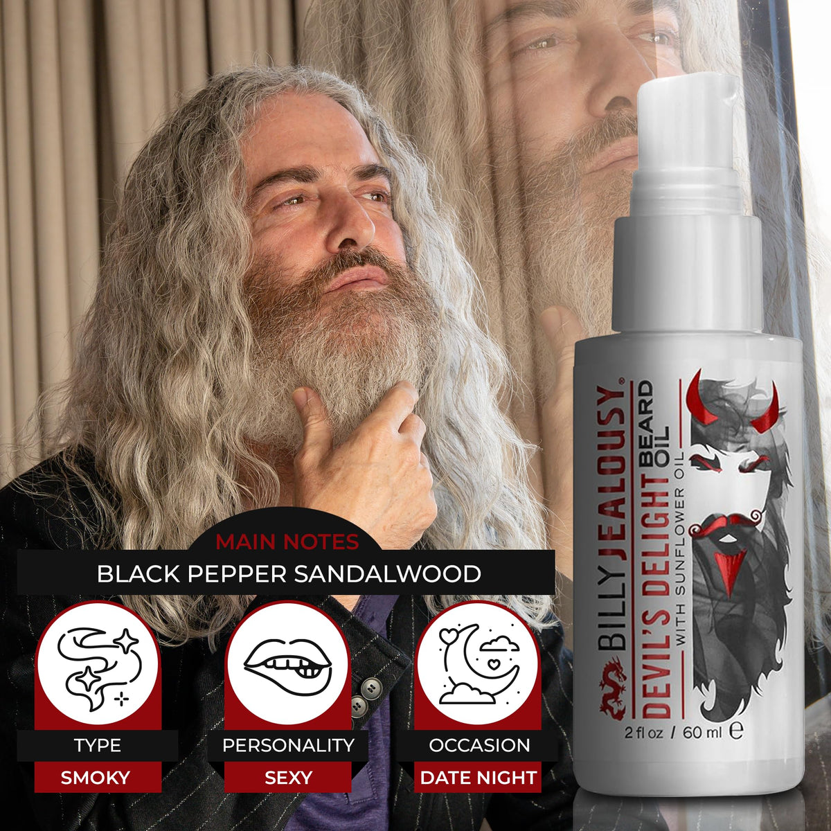 Rosy Brown Billy Jealousy Beard Oil for Men, Weightless, Low Shine, and Hydrating Beard Moisturizer for Softer Hair, Helps Prevent Itching and Flakes, Devil's Delight, 2 Fl Oz