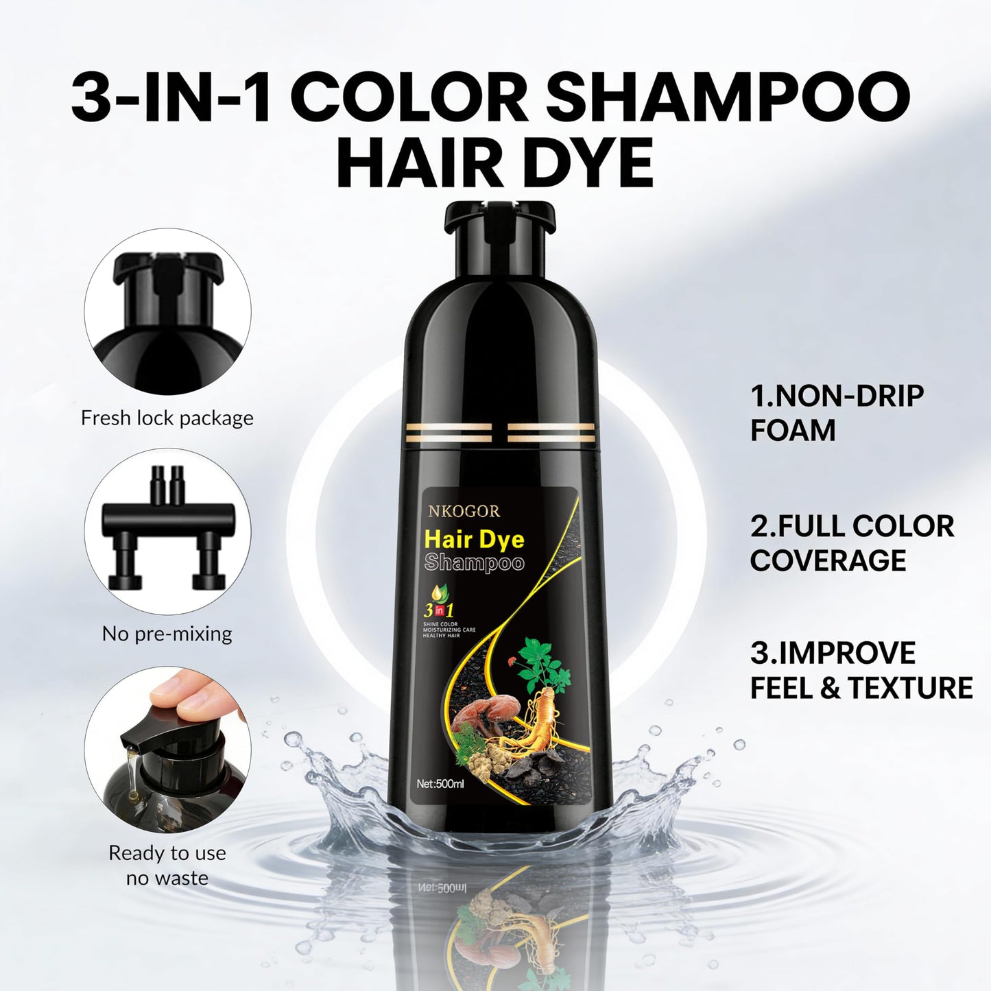 White Smoke NKOGOR Hair Dye Shampoo 3 in 1 Grey Coverage, Hair Dye Semi-Permanent Hair Color Shampoo for Women Men, Hair Color Herbal Ingredients Natural, Argan Oil, Olive Oil and Turmeric (Dark Brown)