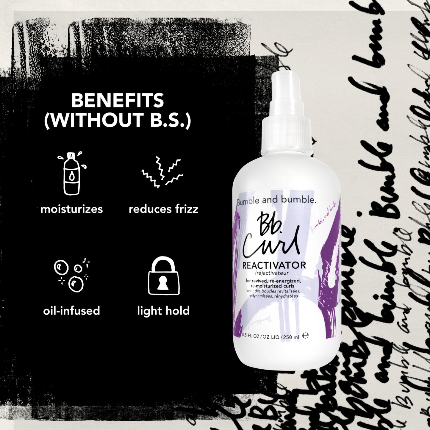 Black Bumble and bumble. Curl Reactivator Hair Mist | For Revived + Re-moisturized Coils, Curls, Waves | Anti Frizz | UV Protection| With Jojoba, Avocado + Coconut Oil | Standard Size, 8.5 Fl Oz