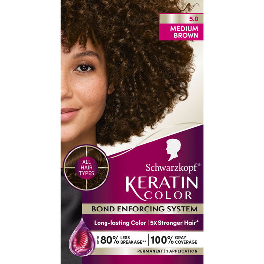 Black Schwarzkopf Keratin Permanent Hair Dye Cream, 5.0 Medium Brown, Professional Quality Color for Up to 100% Gray Coverage, Bond Enforcing System