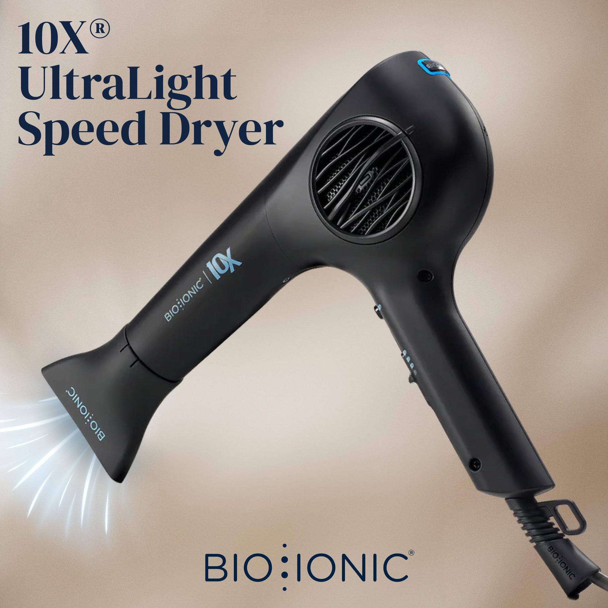 Dark Gray Bio Ionic 10X UltraLight Speed Hair Dryer, Blow Dryer with Adjustable Heat & Speed, Professional Hair Styling Tool for Fast, Frizz-Free Hairstyles, 1800W EcoDrive Brushless Motor