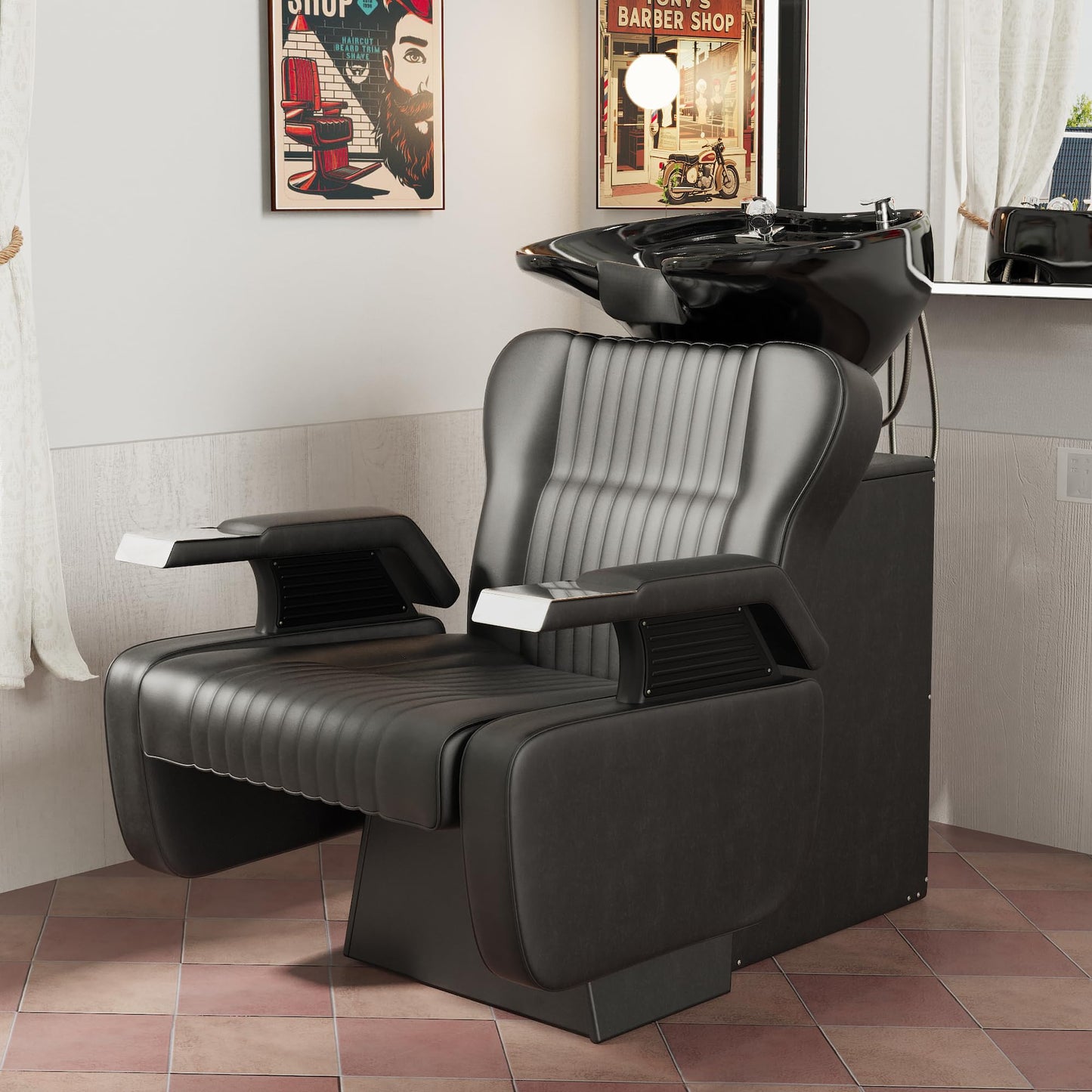 Light Gray KIGOTY Salon Shampoo Backwash Chair, Shampoo Bowl and Chair Set, Hair Washing Station with Large Adjustable Ceramic Bowl, Shampoo Bowl Sink Chair for Salon (Black)