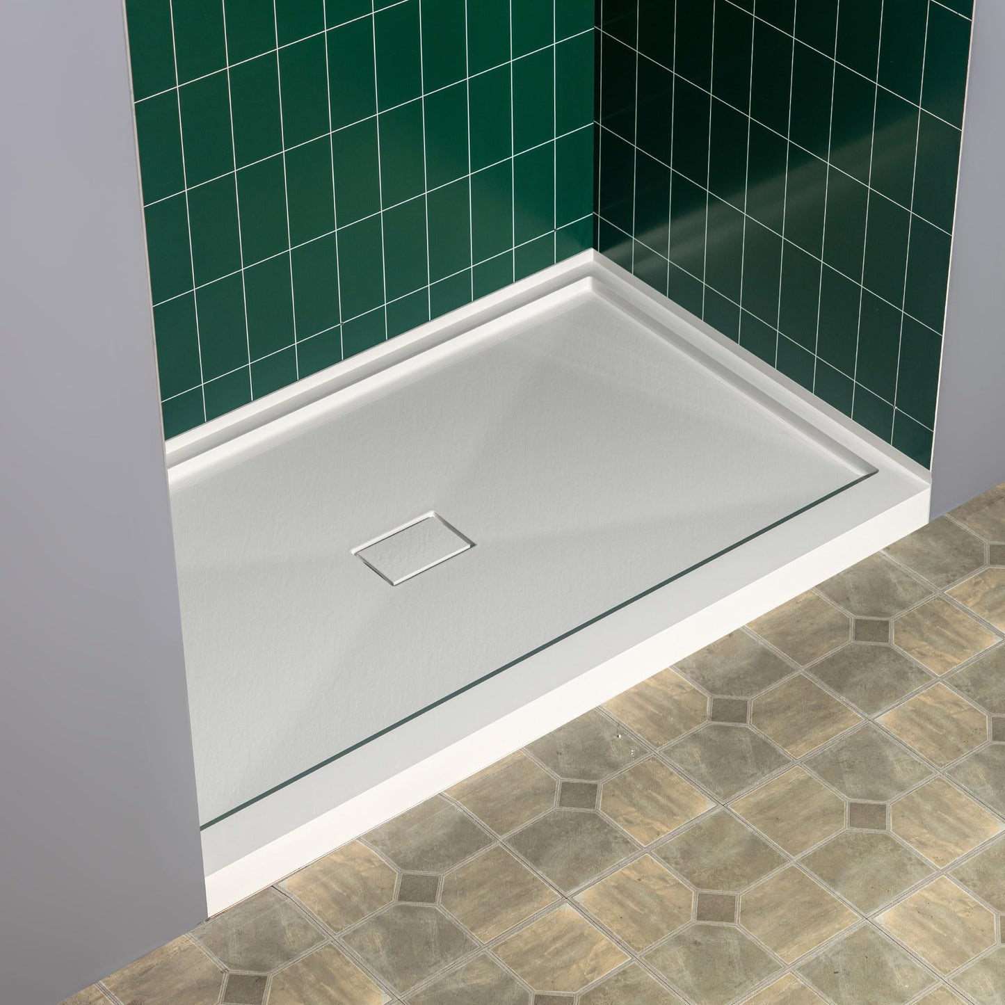 Dark Gray WOODBRIDGE 48" x 32" Solid Surface Shower Base in White with Center Drain,Single Threshold,Slip-Resistant Shower Pan for Alcove Installation