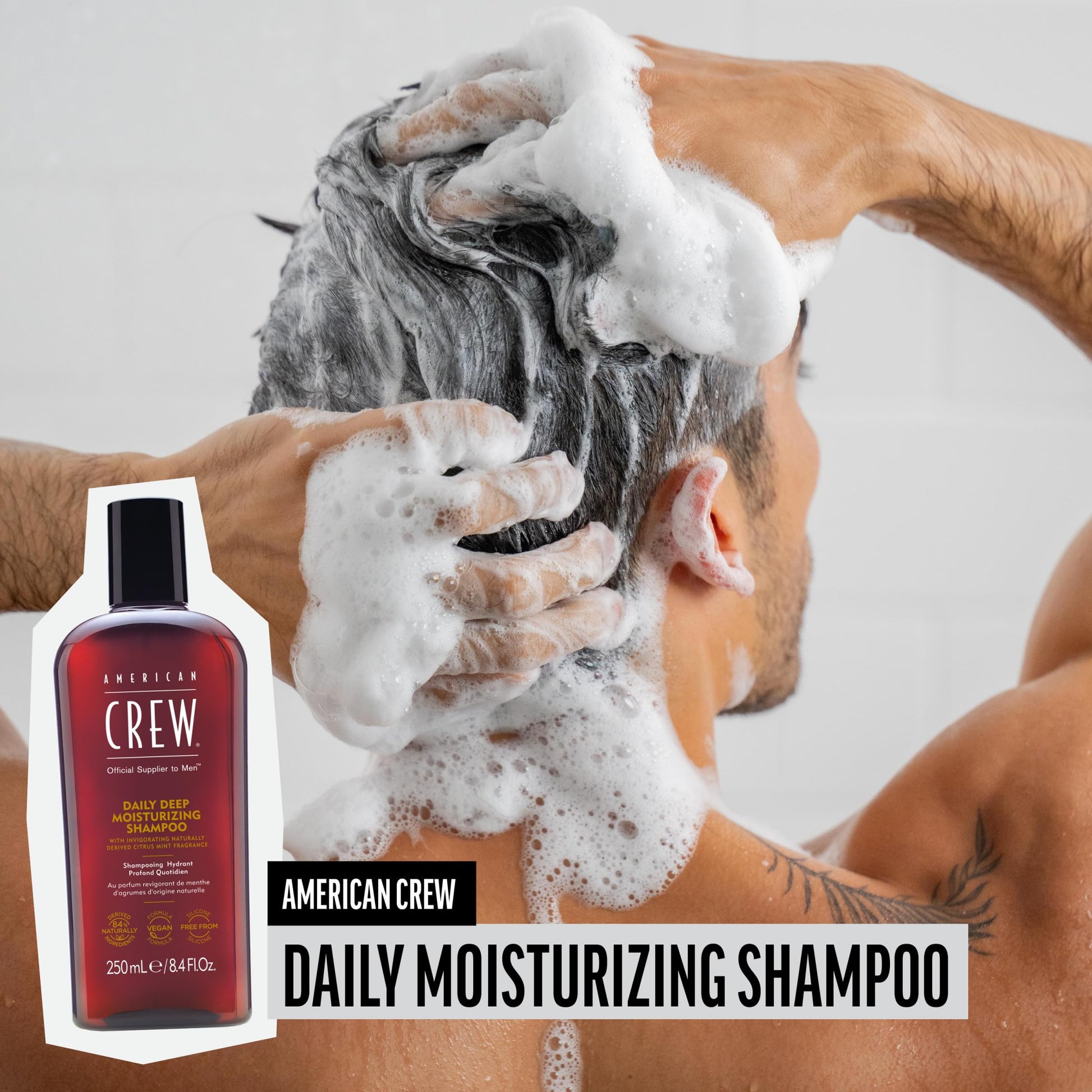 Light Gray American Crew Shampoo for Men, Daily Deep Moisturizer, Naturally Derived, Vegan Formula, Citrus Mint Fragrance, 33.8 Fl Oz