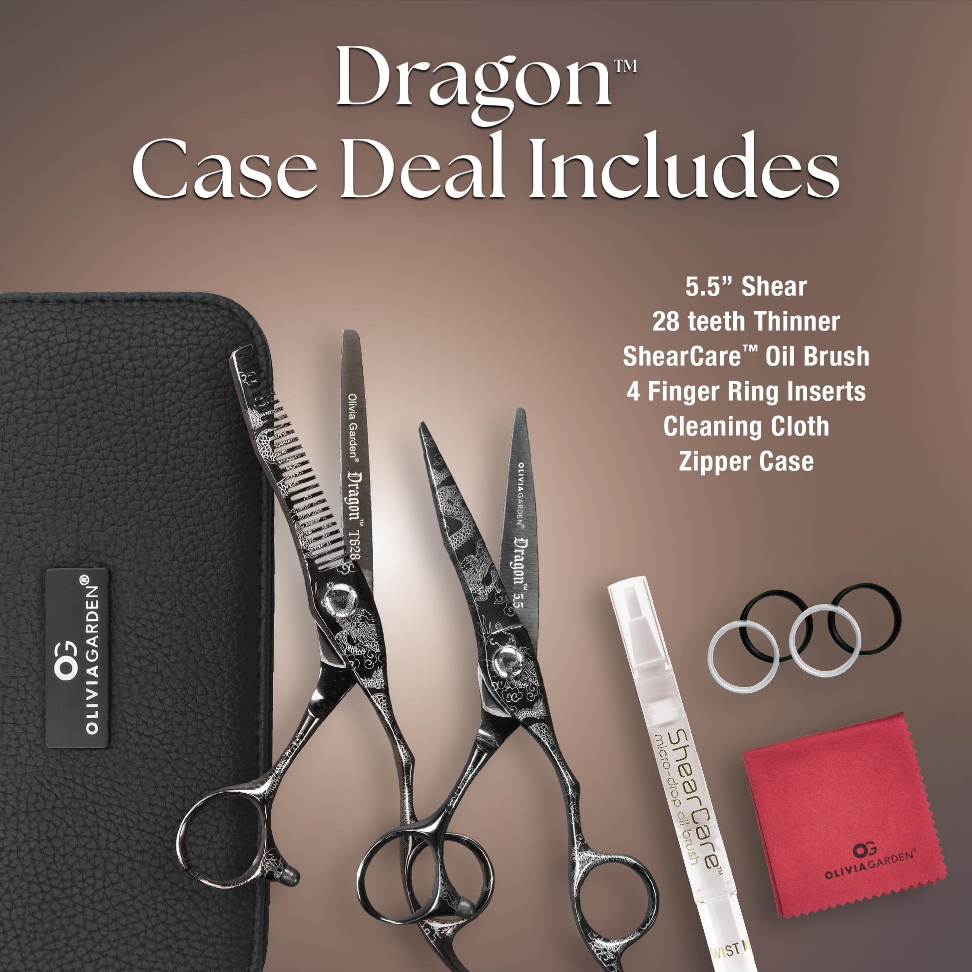 Dark Slate Gray Olivia Garden Dragon Shears Kit - Includes Professional Hair Cutting 5.5" Shear, 6" Thinner, Case, and Accessories - Razor Sharp Scissors - DR-55, DR-T628
