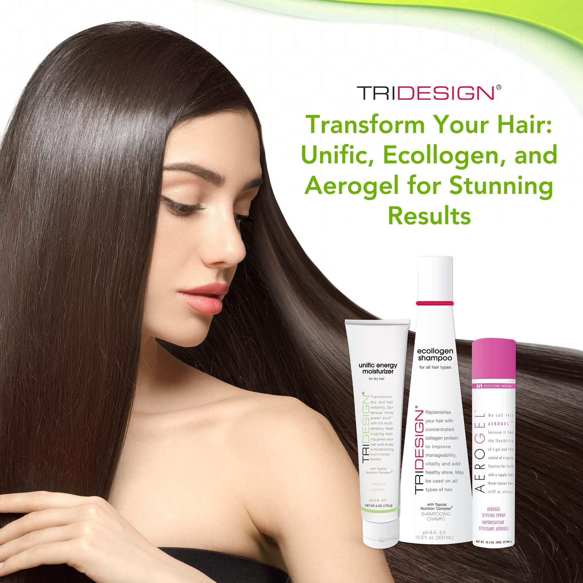 White Smoke TRI Design Shampoo, Conditioner and Hair Finishing Spray Set - Includes Aerogel Spray Gel 10.5 oz., Ecollogen Collagen Shampoo 10.5 oz. and Unific Energy Moisturizer 6 oz., for All Hair Types
