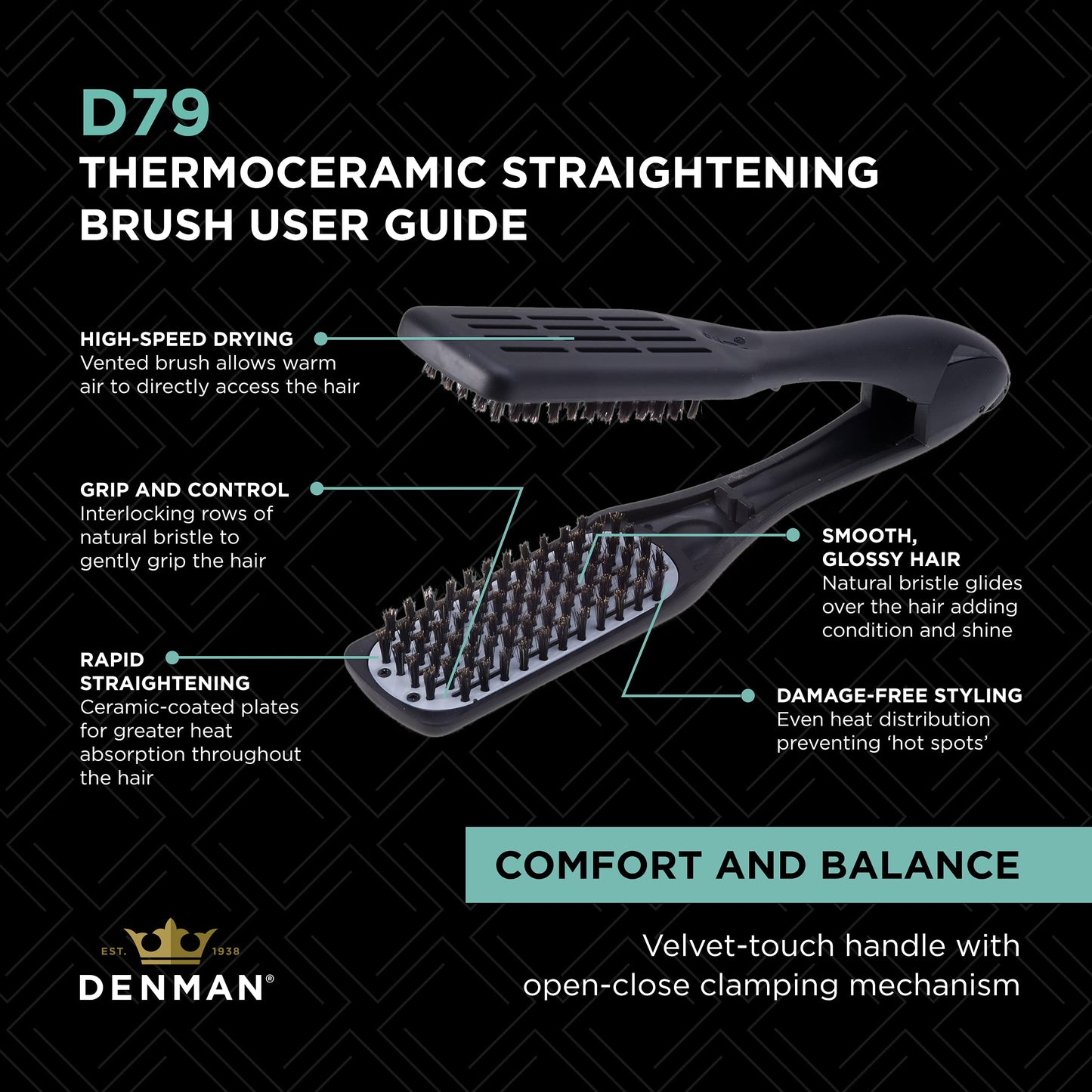 Black Denman D79 Thermoceramic Hair Straightening Brush - with Boar Bristles - For Wide, Wavy, Curly, Coily Hair – Black
