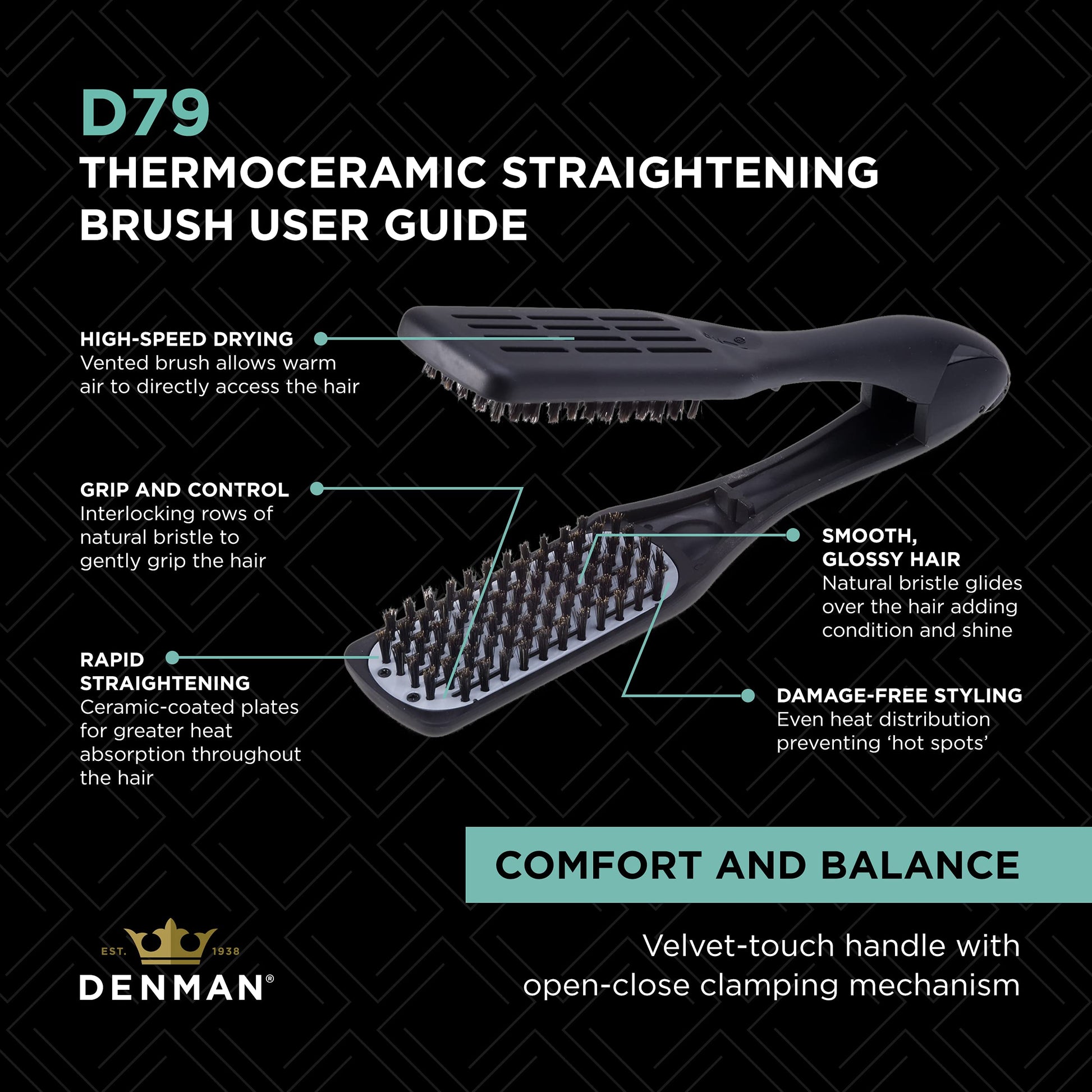 Black Denman D79 Thermoceramic Hair Straightening Brush - with Boar Bristles - For Wide, Wavy, Curly, Coily Hair – Black