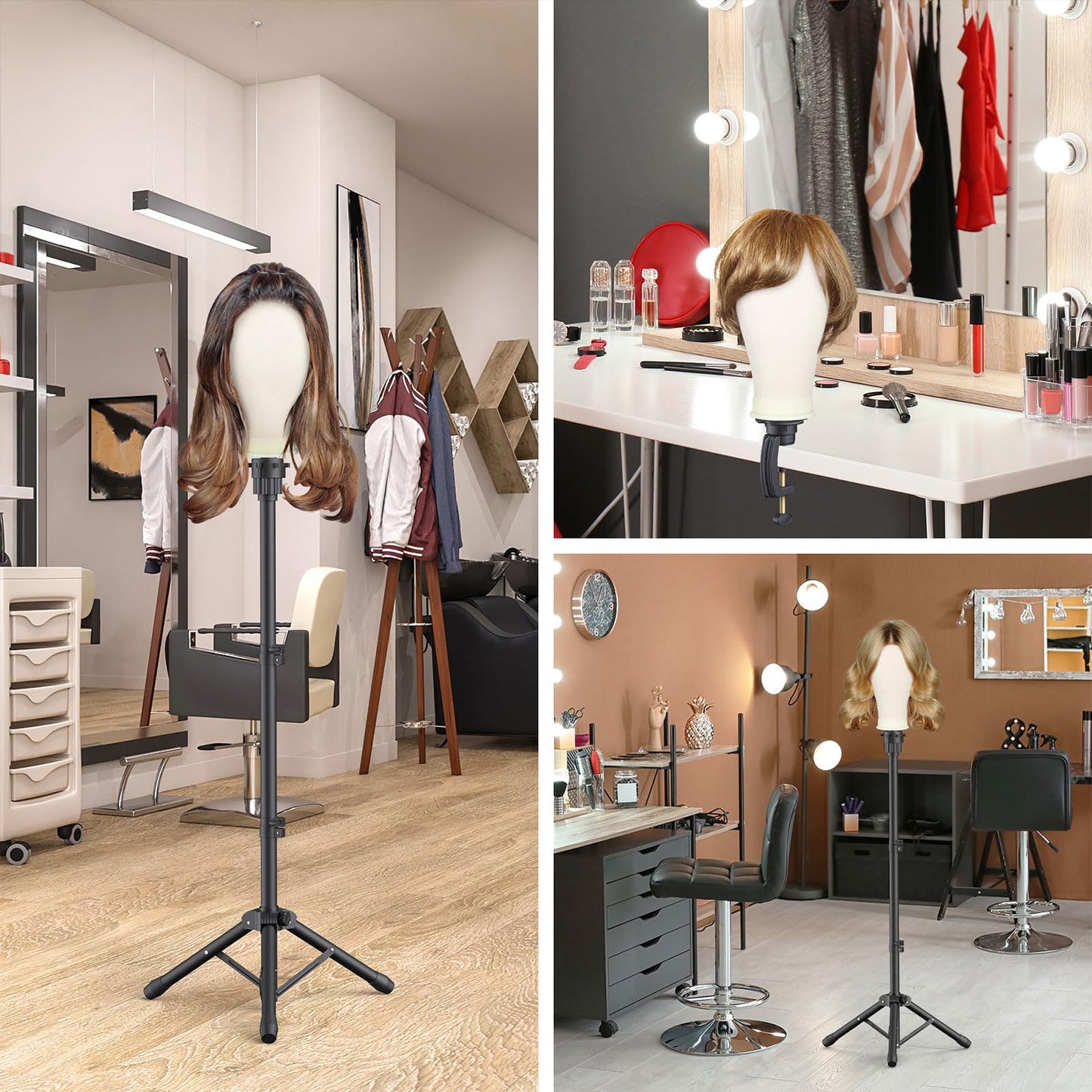 Dark Gray Hemndic Wig Stand with Head, Height Adjustable Wig Stand, Wig Head Stand with Mannequin Head with Extra Wig head Clamp Stand
