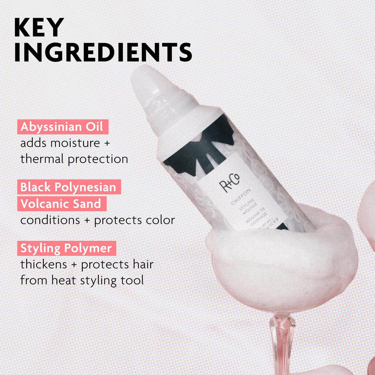 Lavender R+Co CHIFFON Styling Mousse, 5.6 oz/165 mL, Serious Gaze Scent