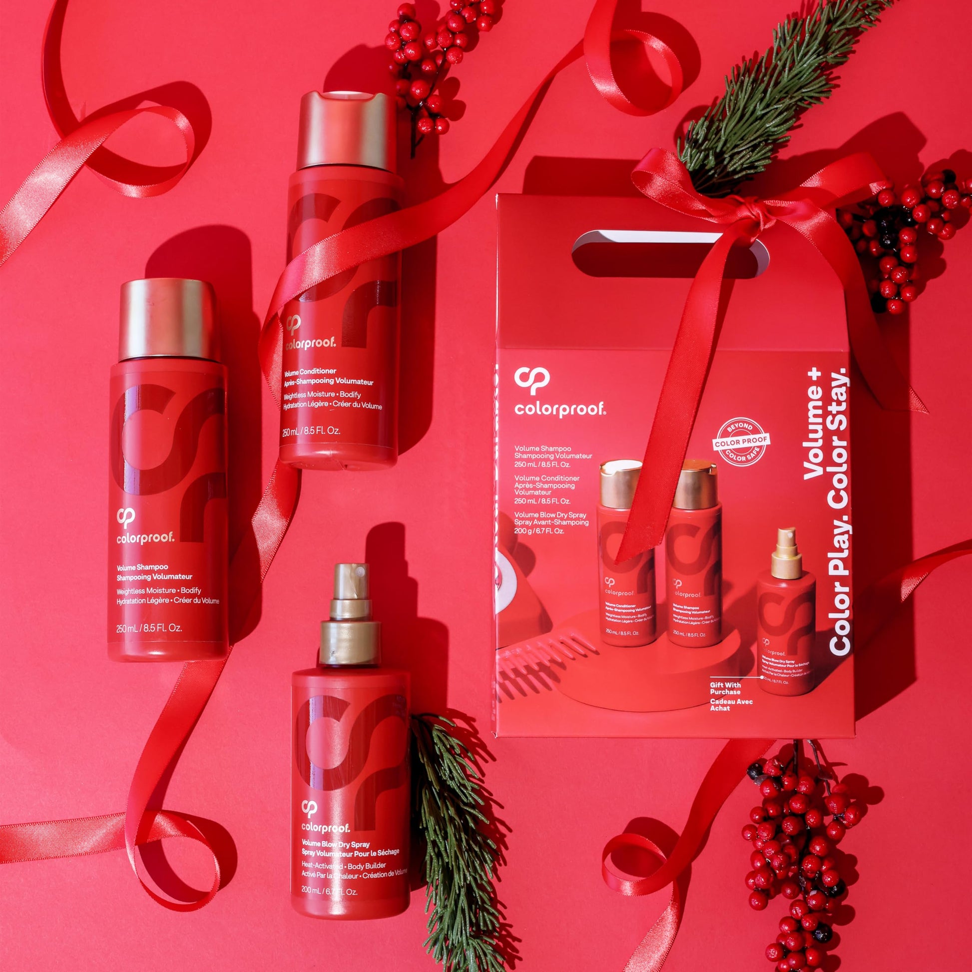Tomato Colorproof Volume Holiday Gift Set — Volume Shampoo (8.5 Fl. Oz.), Volume Conditioner (8.5 Fl. Oz.), and Volume Blow Dry Spray Primer (6 Fl. Oz.) — White Nectarine Scent