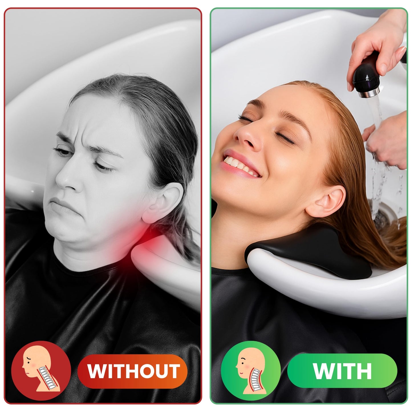 Black Premium 2 Piece Gel Cushion Set for head Portable Shampoo Bowl Neck Rest Sink Hair Washing Basin Waterproof Support Pillow for Tub Salon Lavacabezas European Chair