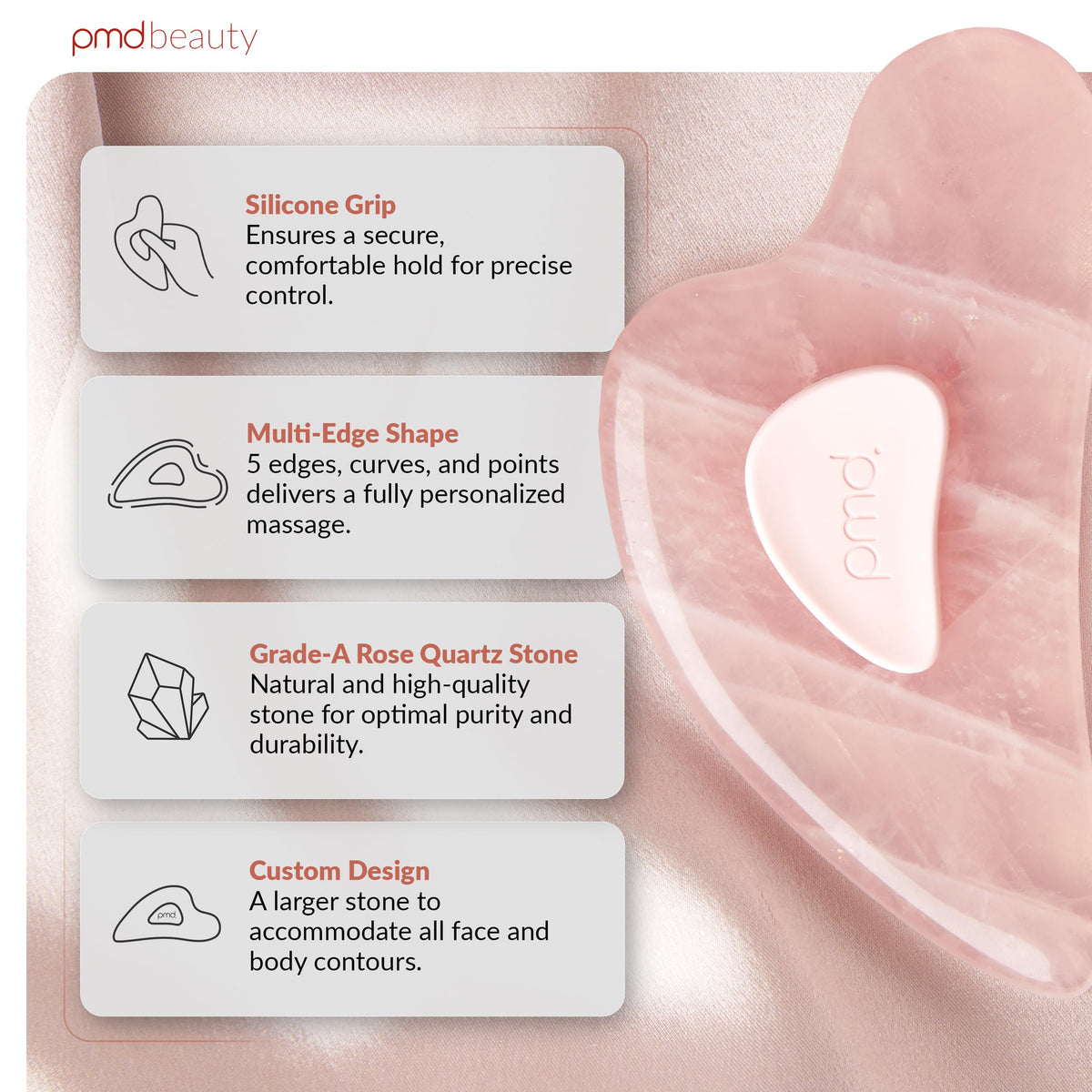 Light Gray PMD Beauty Gua Sha Facial Tools - Massaging, Sculpting and Depuffing Guasha Tool for Face with Rose Quartz and Silicone Grip - Reduce Tension & Inflammation