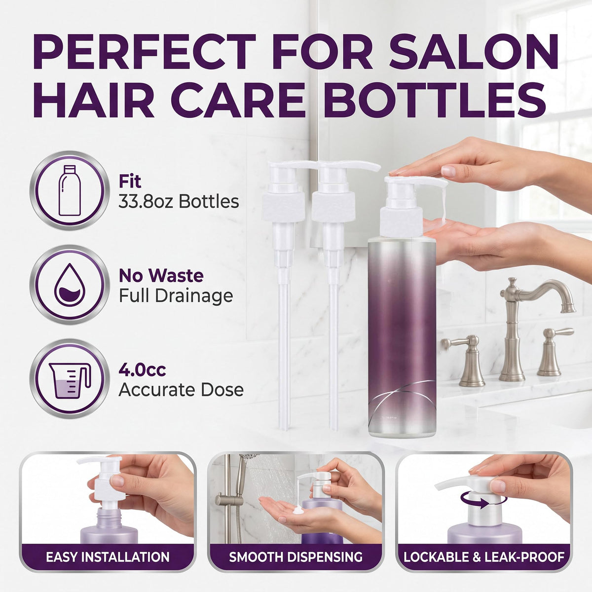 Lavender 2 Pack Pump Dispenser Compatible with Joico Shampoo and Conditioner 1 L/33.8 Fl Oz Bottle, Liter Pump for Joico Shampoo Purple Clear Twist Lock Dispenser Pump