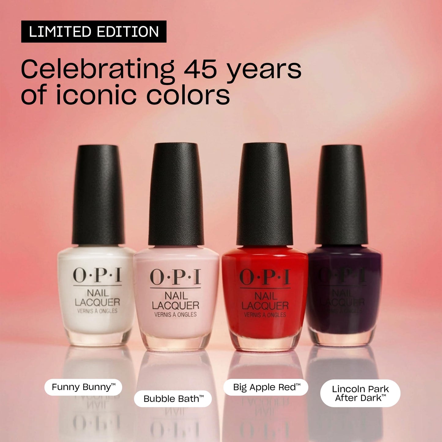 Tan OPI Nail Lacquer Icons 45th Anniversary 4PC Mini Pack | 4 Crème Iconic Shades, Chip Resistant Nail Polish Gift Set | Funny Bunny, Bubble Bath, Big Apple Red, & Lincoln Park After Dark