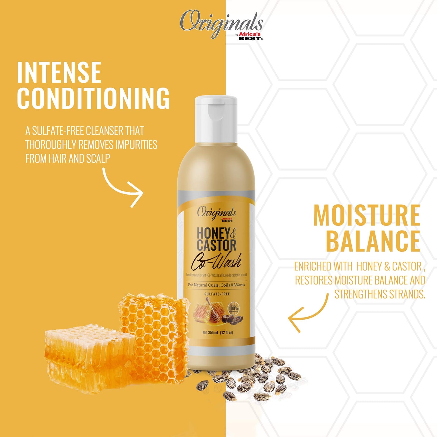 White Smoke Africa's Best Originals by and Castor Hair Co-Wash for Natural Curls, Coils and Waves, Sulfate-Free, Honey 12 Fl Oz