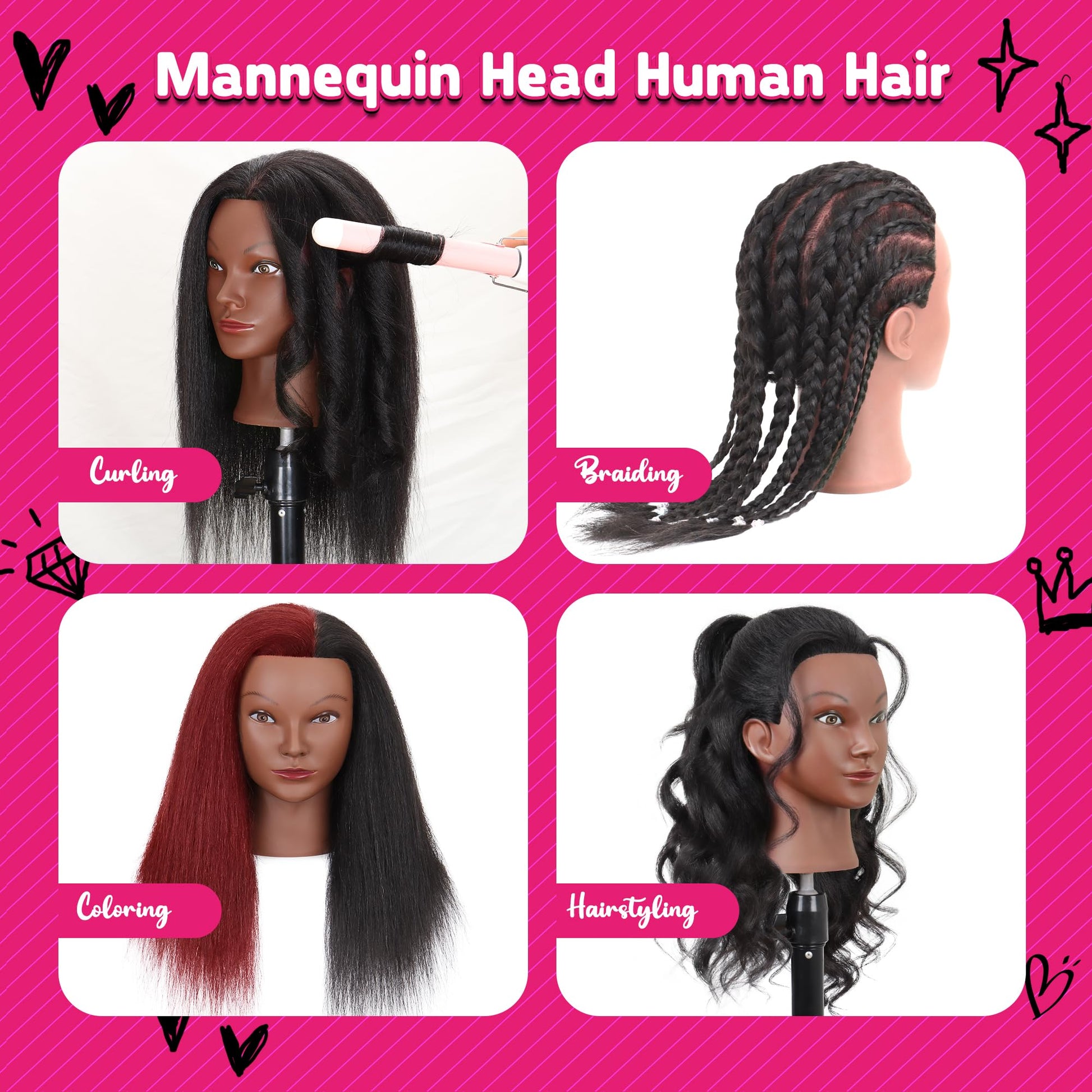 White Smoke Mannequin Head with Human Hair 16" Cosmetology Manikin Doll Head 100% Real Human Hair for Styling Hairdresser Practice Braiding with Free Clamp Holder
