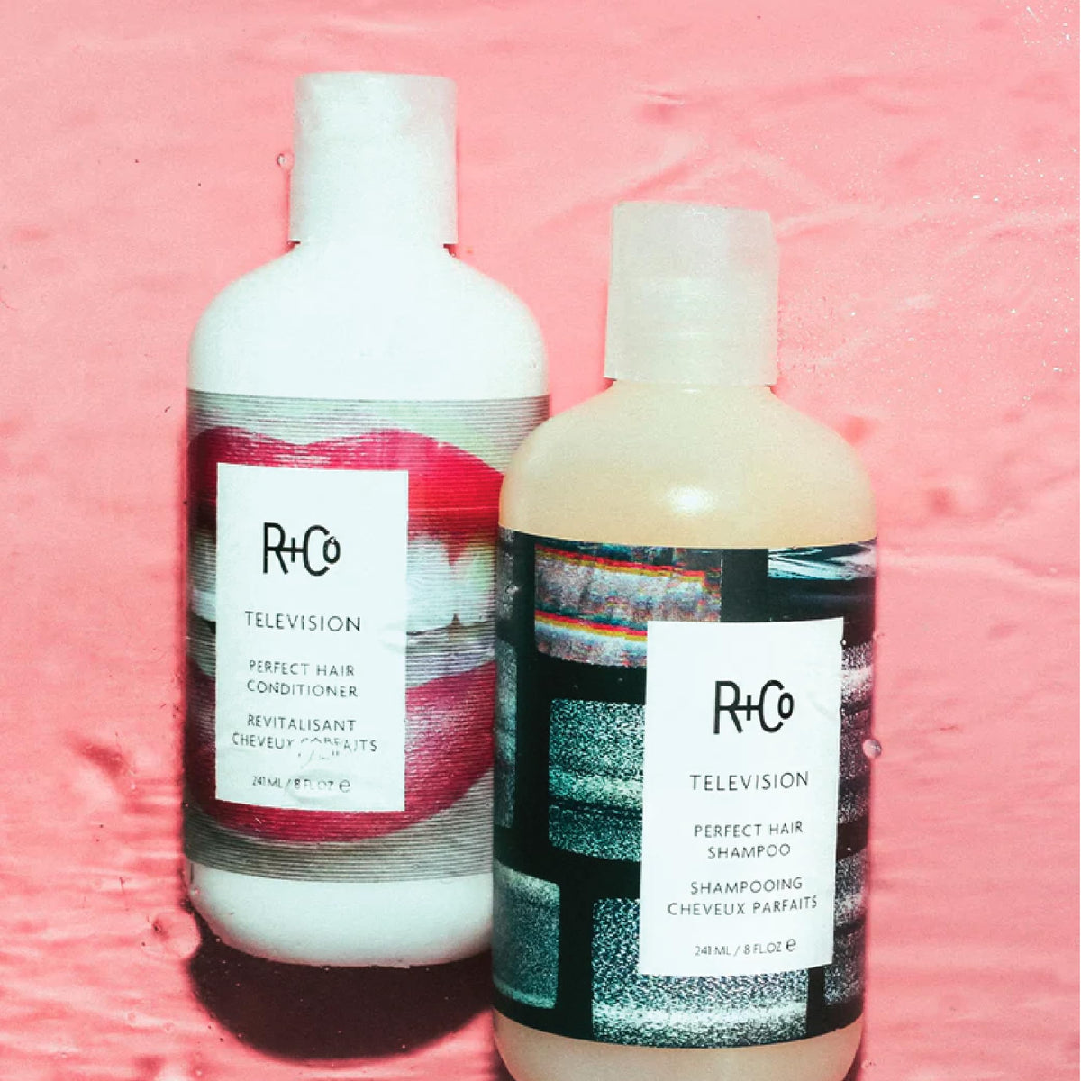 Light Pink R+Co Travel Size Shampoo and Conditioner
