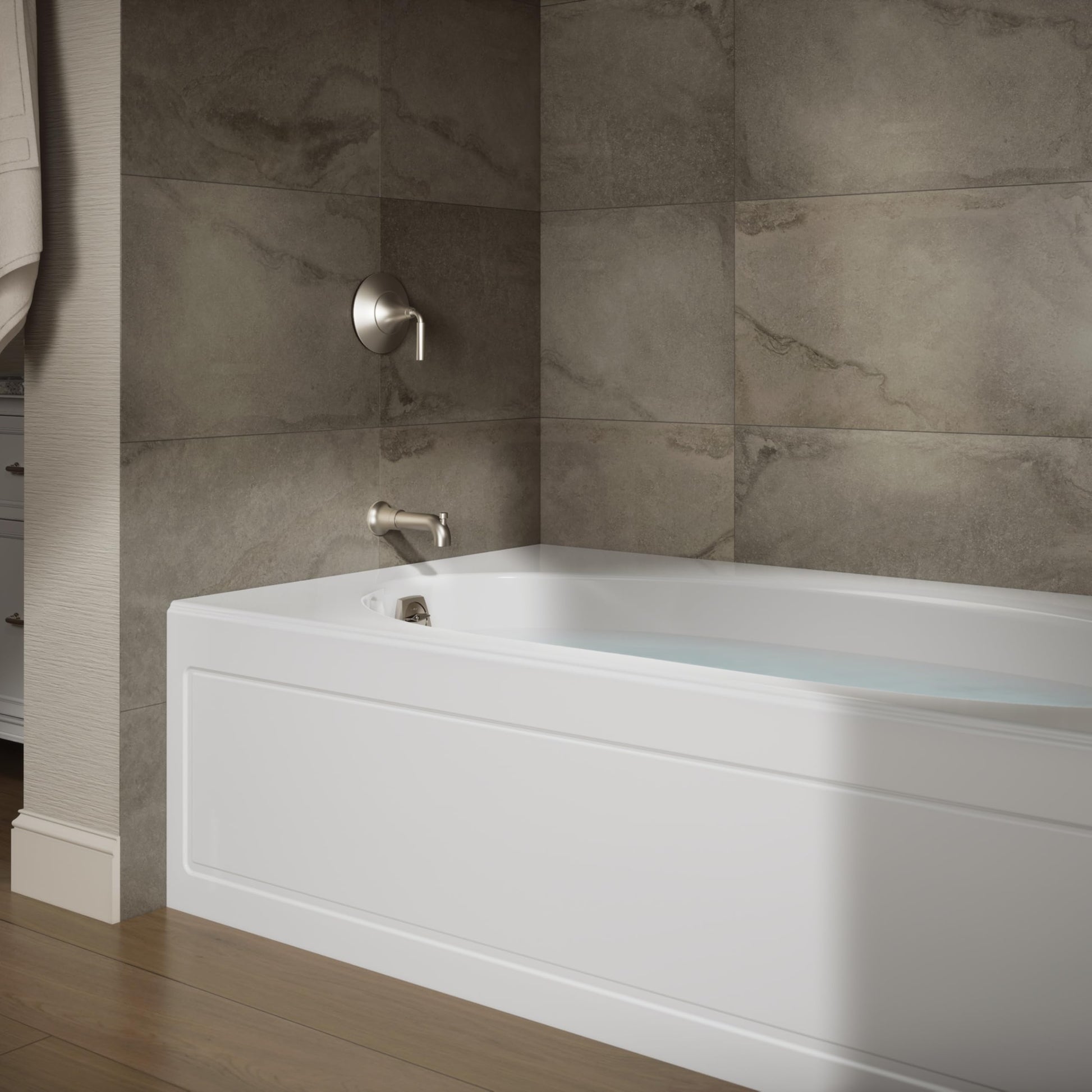 Gray KOHLER K-1115-LA-0 Windward 72-Inch x 42-Inch Alcove Bath with integral apron and left hand drain, White