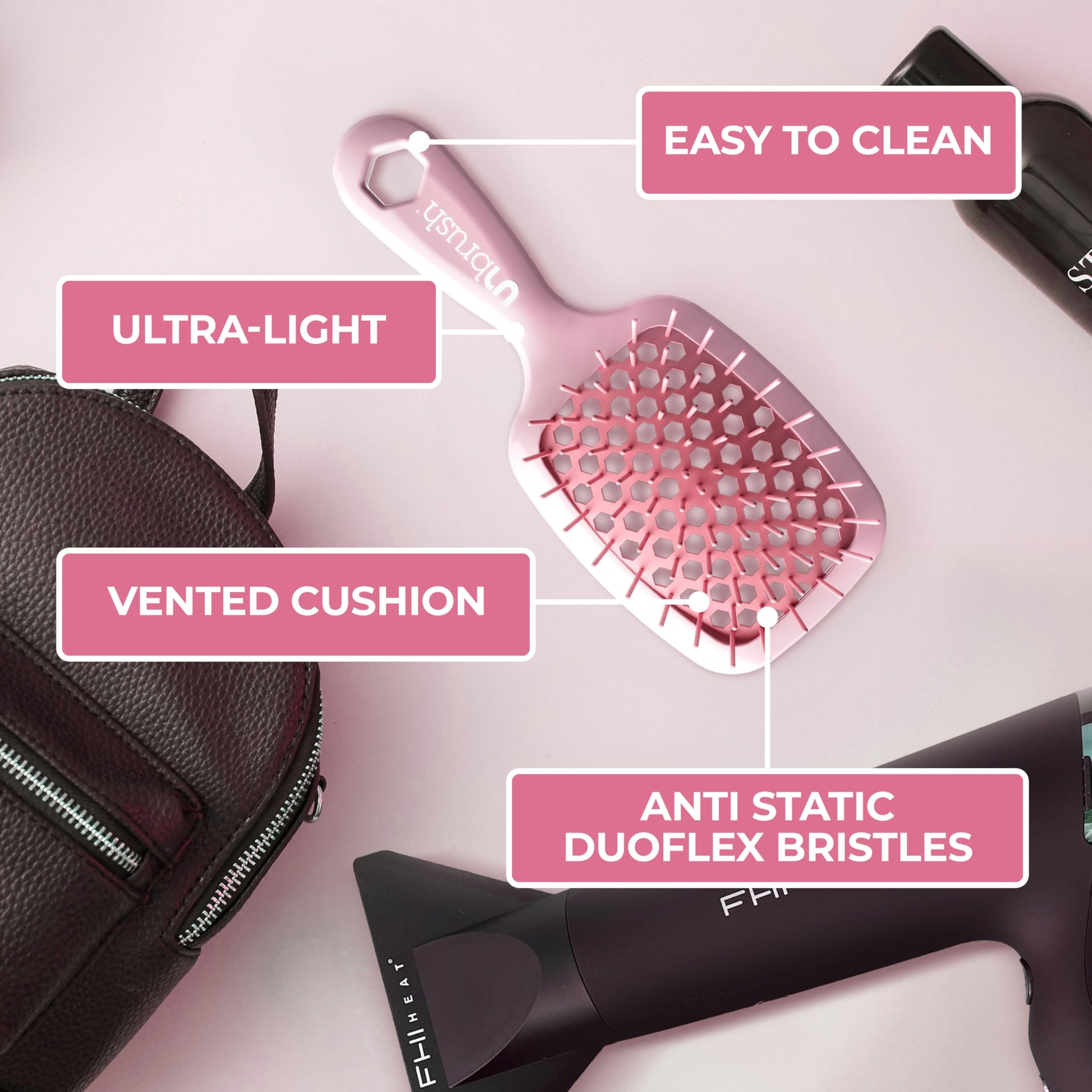 Light Gray FHI Heat UNbrush Mini Detangler Brush for Pain-Free Brushing on All Wet or Dry Hair Types — Durable Duoflex Anti-Static Bristles, Lightweight Handle, Vented Mini Hair Brush, Peony Light Pink