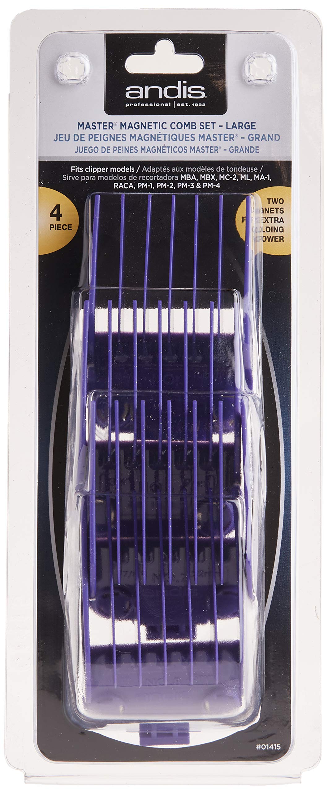 White Smoke Andis 01415 Master Dual Magnet Large Comb Set - Crafted with High-Grade Metal, Contains 4 Different Size Combs - Providing a Comfortable & Snag-Free Experience - Purple