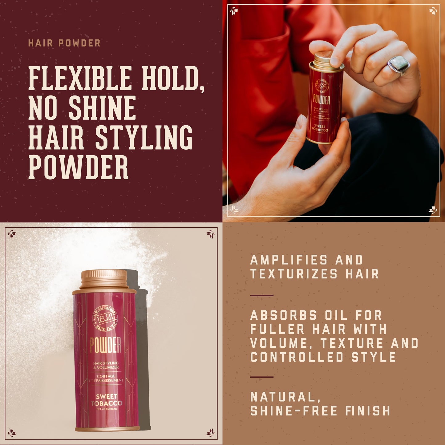 Sienna 18.21 Man Made Hair Styling Powder for Men, Adds Volume, Texture, and Absorbs Oil with a Matte Finish, Flexible Hold, and Bold Sweet Tobacco Scent