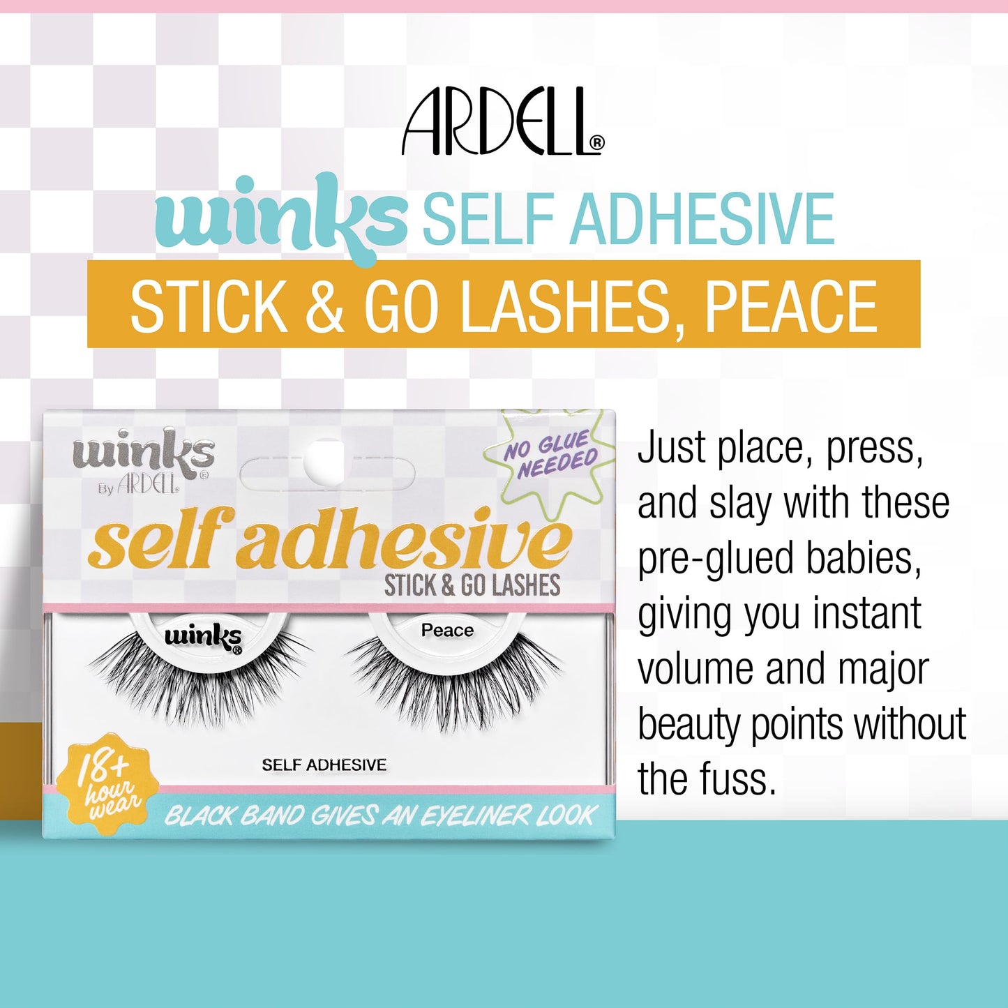 White Smoke Ardell Winks Self Adhesive Eyelashes – Peace Style, Press on Lashes No Glue Needed, Stick On Lashes with Black Band Eyeliner Effect for Eyelashes Natural Look, 1 Pair