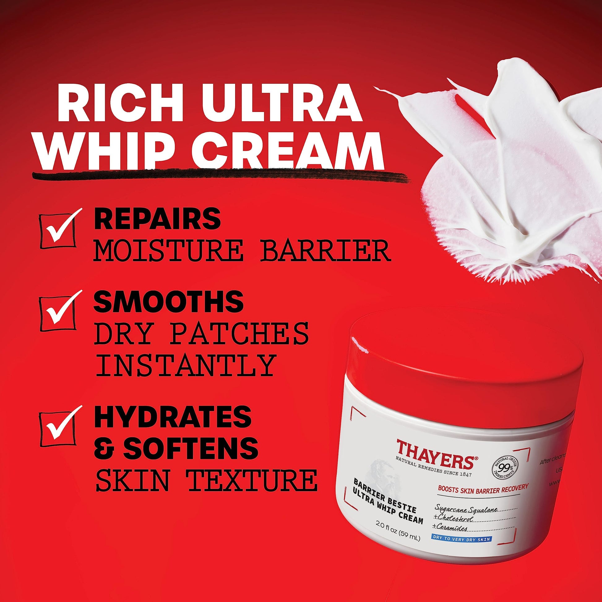 Red THAYERS Barrier Bestie Ultra Whip Face Cream, Moisturizer with Sugarcane Squalane and Ceramides, Skin Care for Dry to Very Dry Skin, 2.0 Oz