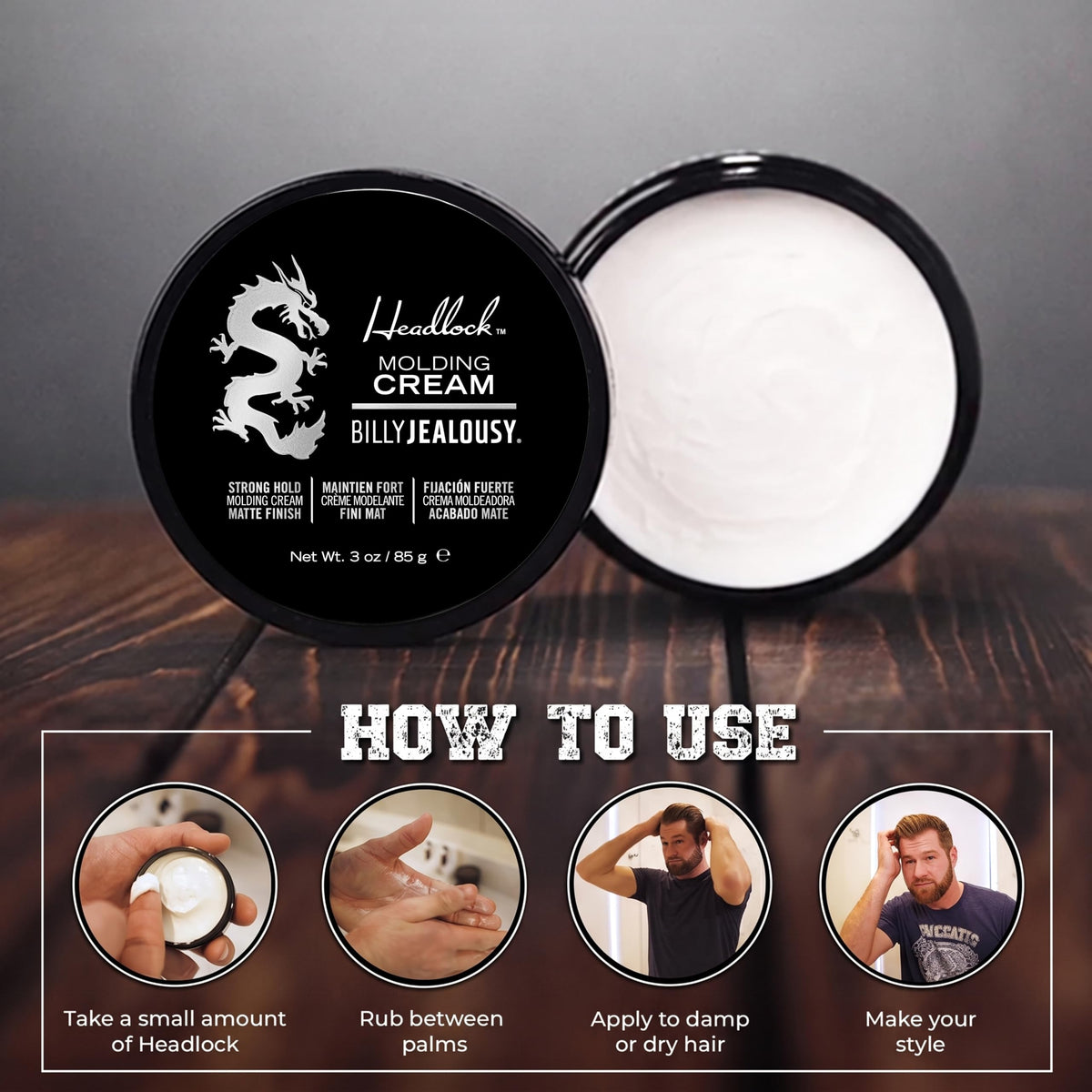Black Billy Jealousy Headlock Hair Molding Cream, Hair Styling Cream for Men with Strong All-Day Hold, Natural Matte Finish Styling Agent for All Lengths, 3 Ounce
