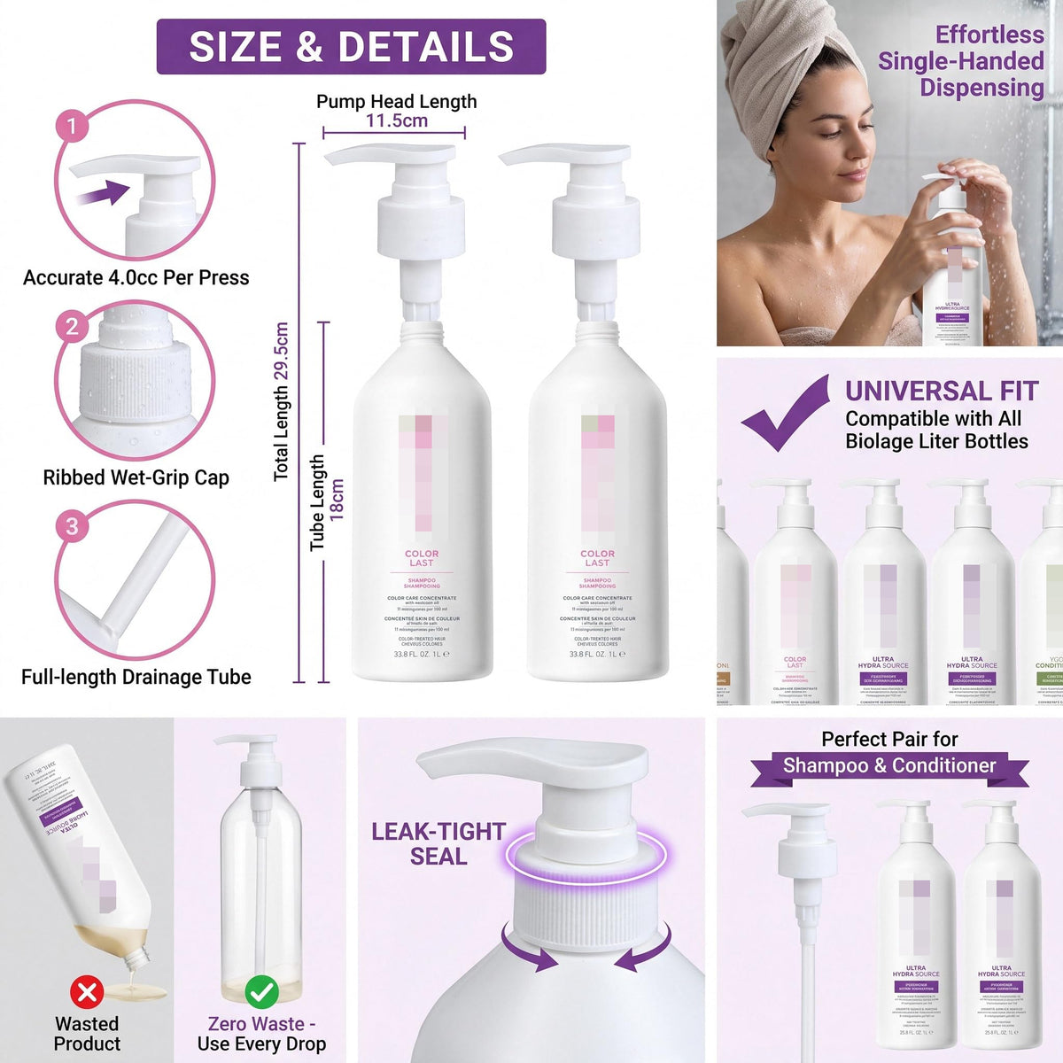 White Smoke 2 Pack Liter Pump for Biolage Shampoo and Conditioner 33.8 oz Bottles, Liter Pump for Biolage, Dispensing Pump for Shampoo 1 L/33.8 Fl Oz Bottle Pumps Dispenser