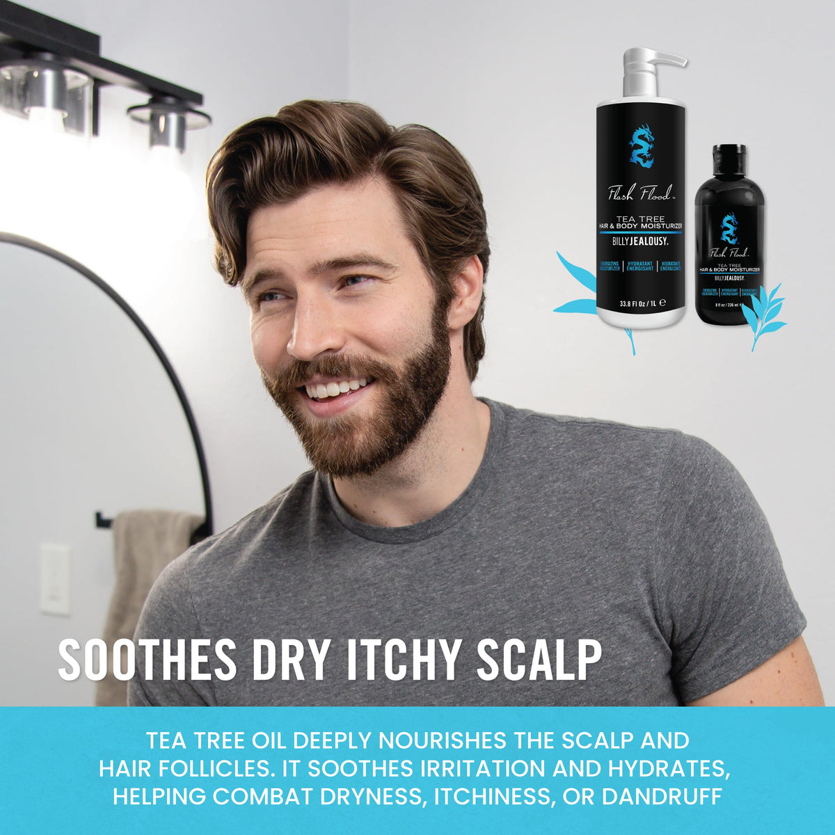 Light Gray Billy Jealousy Flash Flood Tea Tree Hair & Body Moisturizer Ideal for All Hair & Skin Types with Tea Tree, Lavender and Peppermint