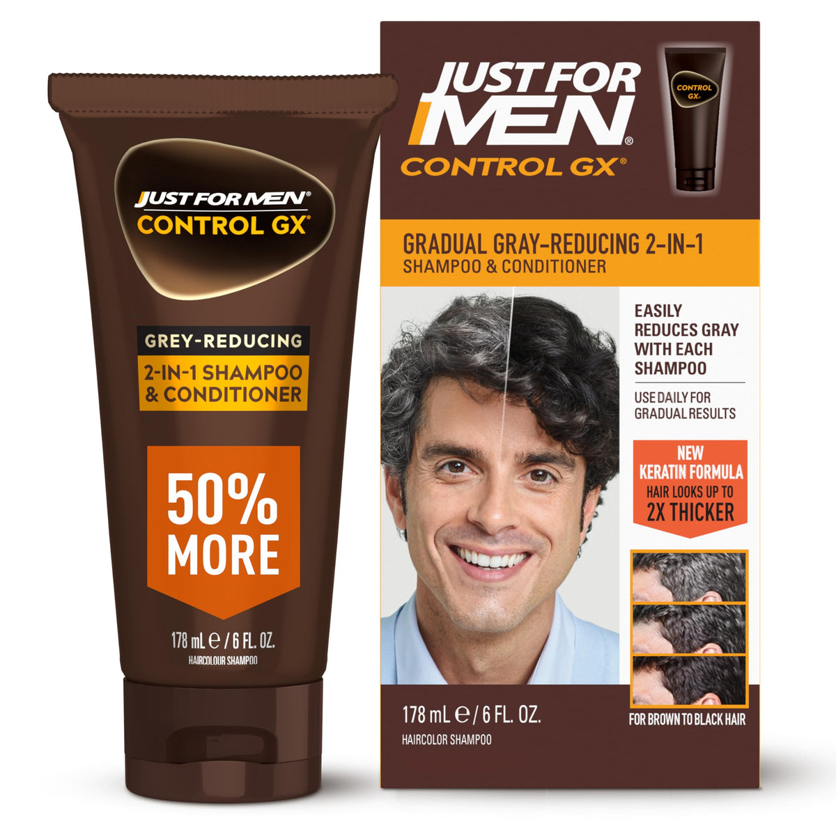 White Smoke Just for Men Control GX Grey Reducing 2-in-1 Shampoo and Conditioner, Gradual Hair Color with Keratin for Stronger Thicker and Healthier Looking Hair, 6 Fl Oz - Pack of 1