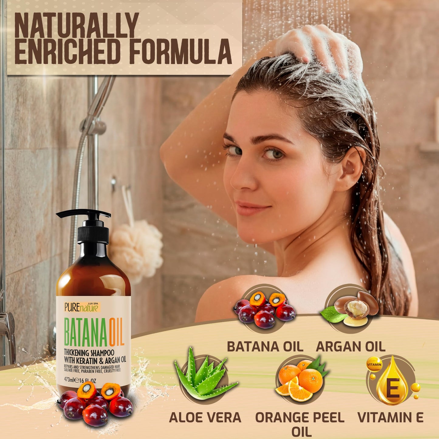 Rosy Brown Batana Oil Shampoo - Sulfate Free Thickening Formula - Paraben Free Volumizing Shampoo for Thinning, Fine Hair - Professional Volume Boosting Salon Care for Women and Men with Thin Hair - 16 Fl Oz