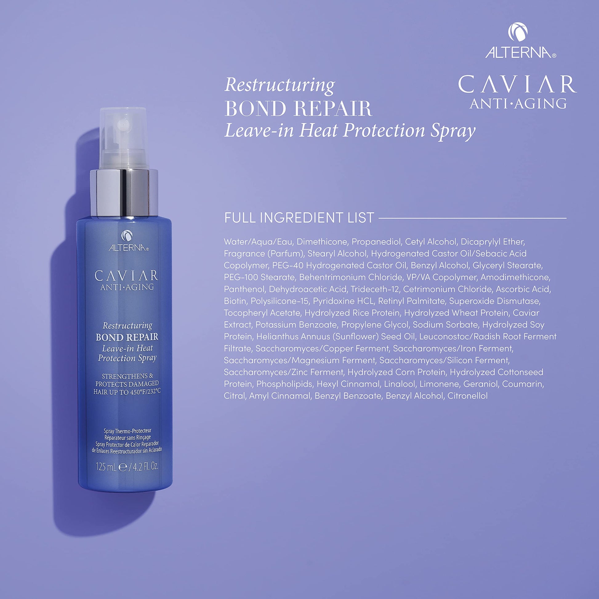 Medium Purple Alterna Haircare CAVIAR Anti-Aging Restructuring Bond Repair Leave-in Heat Protection Spray 4.2 Fl Oz | Strengthens and Protects Damaged Hair