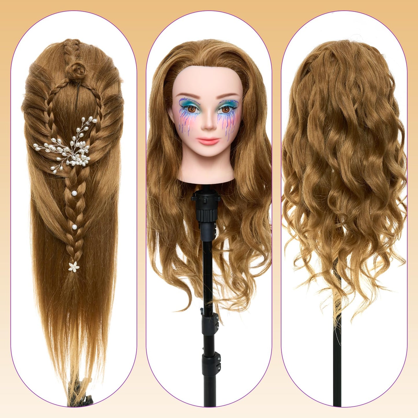 White Smoke 28" Mannequin Head Human Hair - 80% Real Hair Mannequin Head for Makeup Practice, Cosmetology Manikin Doll Head for Hair Styling, Hairdressing Training Head for Braiding #27