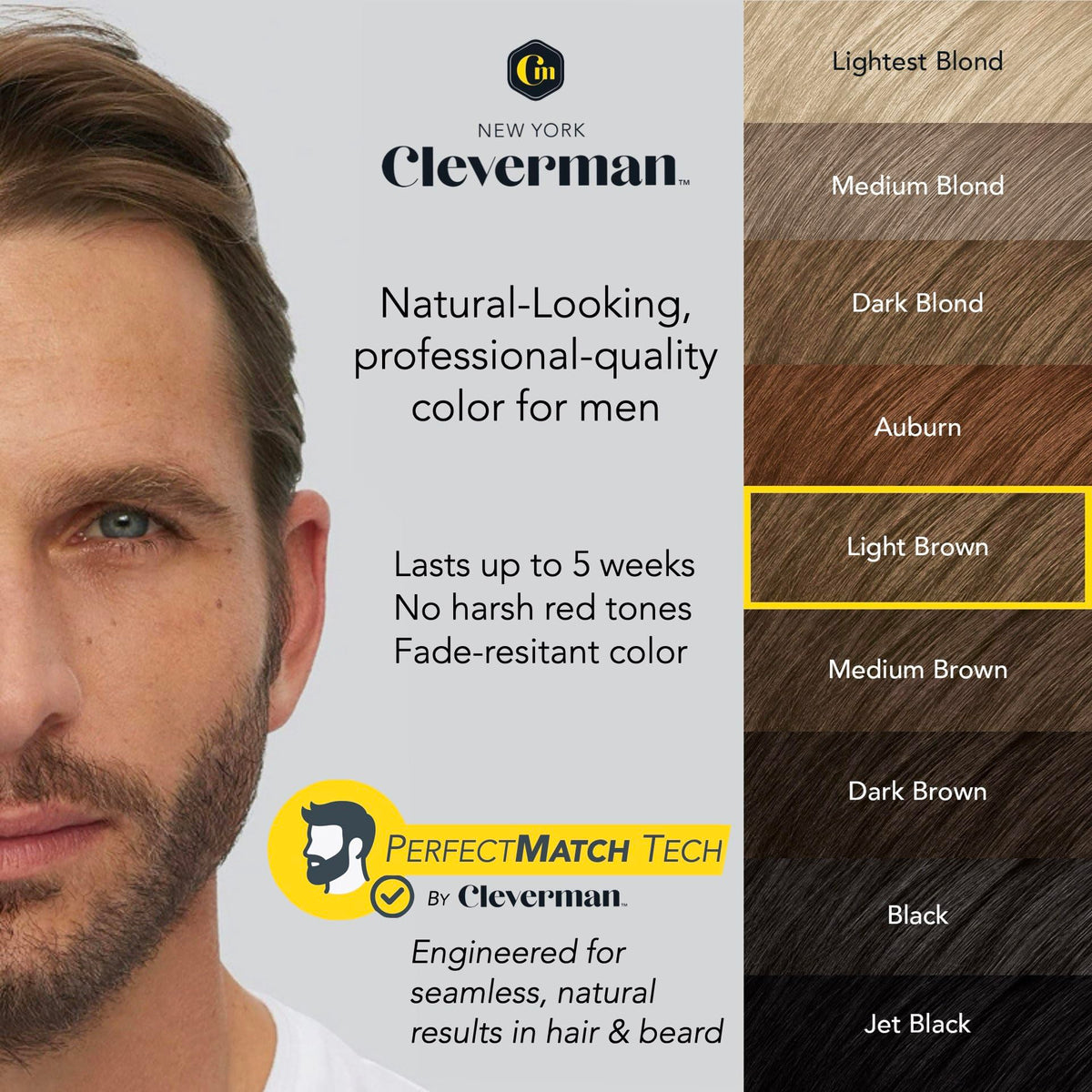 Light Gray Cleverman Hair & Beard Dye for Men, Light Brown 6.12, Gray Coverage