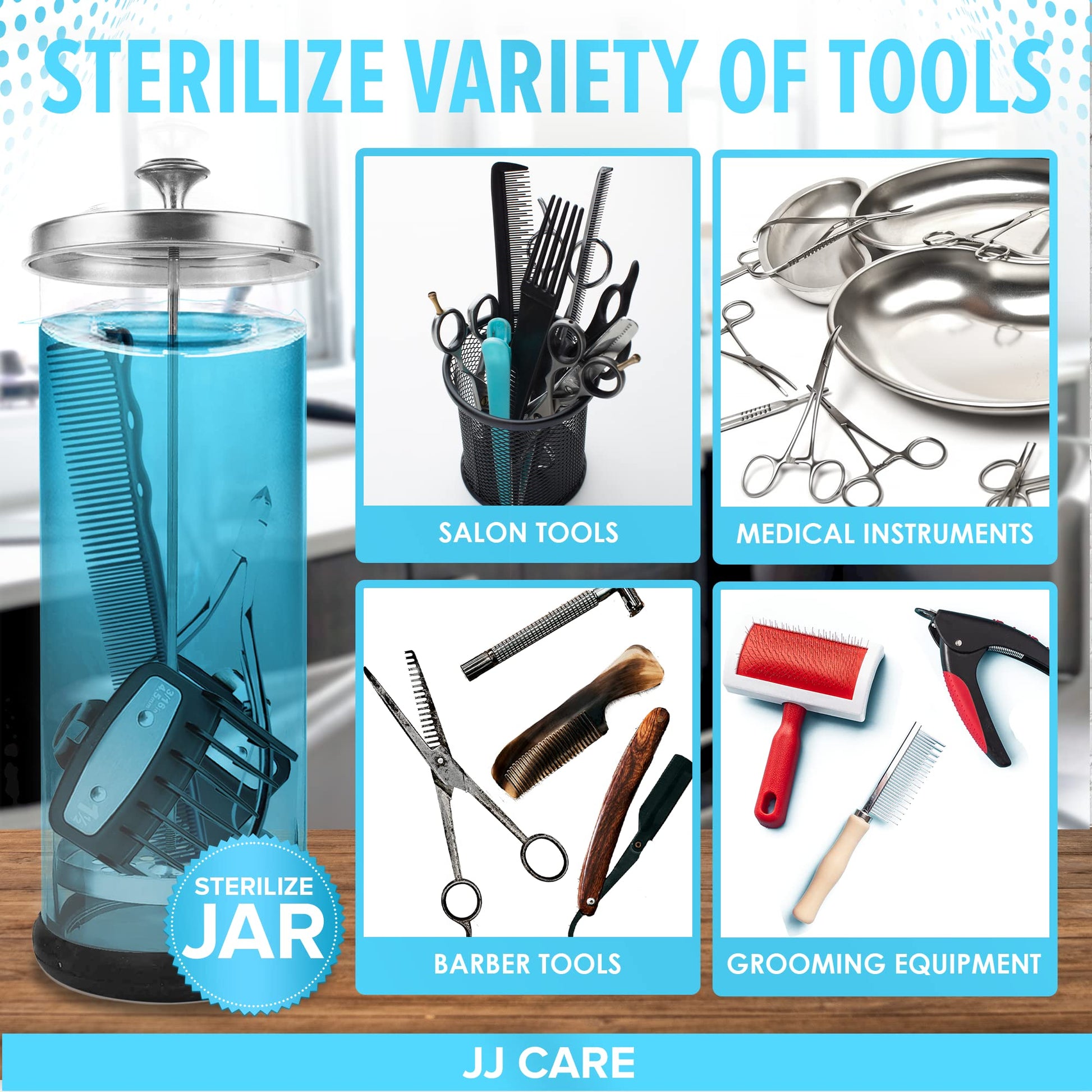White Smoke JJ CARE Disinfectant Jar (35oz) - Barber Disinfectant Jar Glass, Sanitizer Container w/Stainless Steel Removable Strainer & Cap for Manicure, Salon, Spa and Barber Tools - Silver Lid