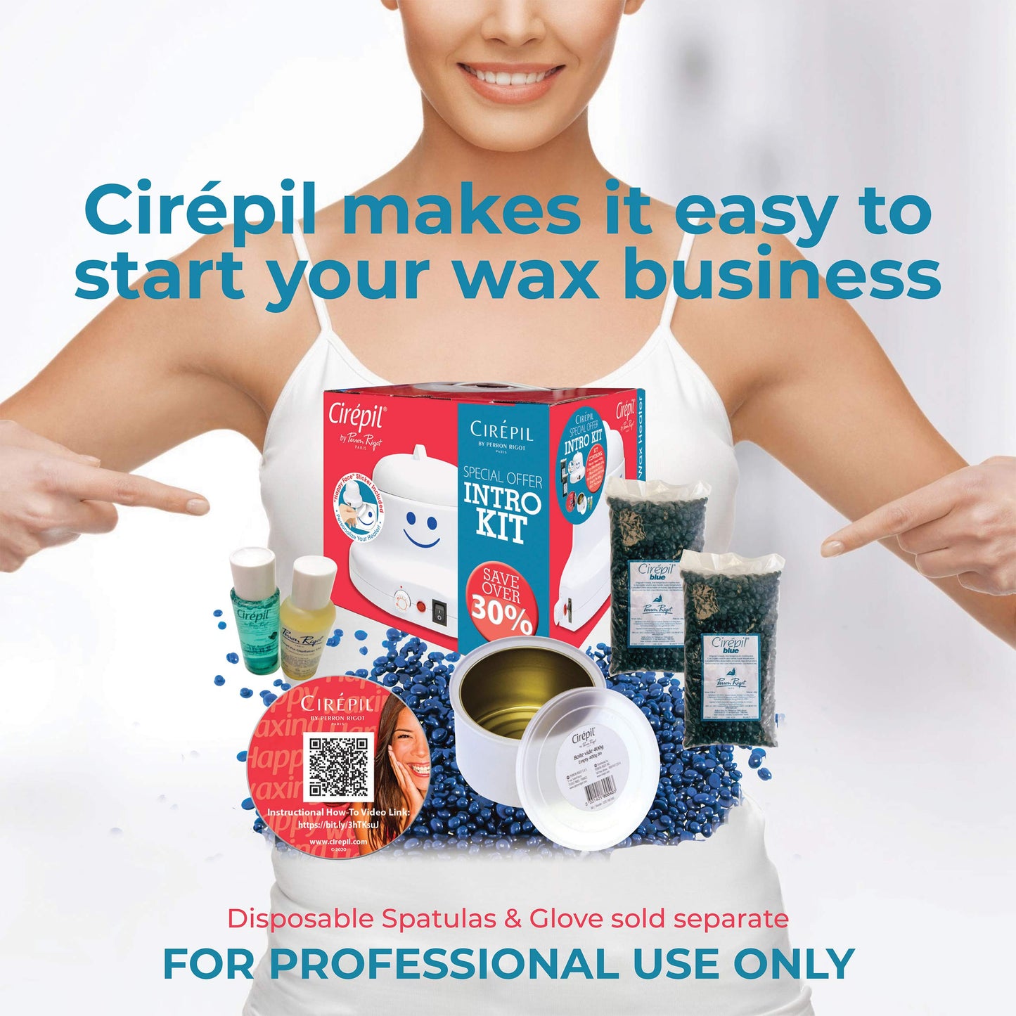 White Smoke Cirepil - Intro Waxing Kit - Professional Hard Wax Kit for Hair Removal - Includes Happy Heater, Original Blue Wax Beads, Pre & Post Care - DIY Salon Results for Sensitive Skin, Brazilian & Body