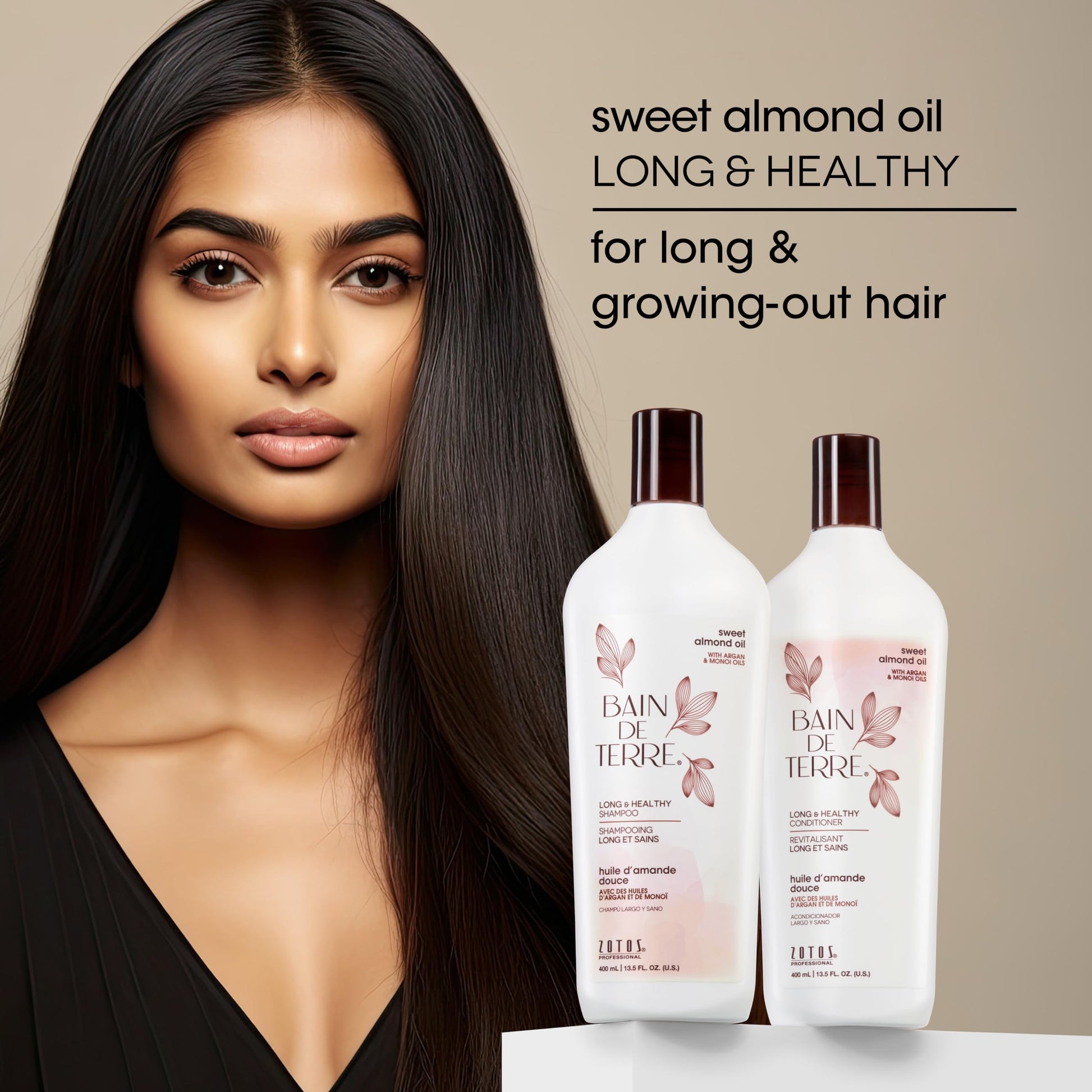 Dark Gray Bain de Terre Sweet Almond Oil Long & Healthy Shampoo, Strength & Protection for Weak, Damaged Hair, with Argan & Monoi Oils, Paraben-Free, Color-Safe, Vegan, 13.5 Fl Oz
