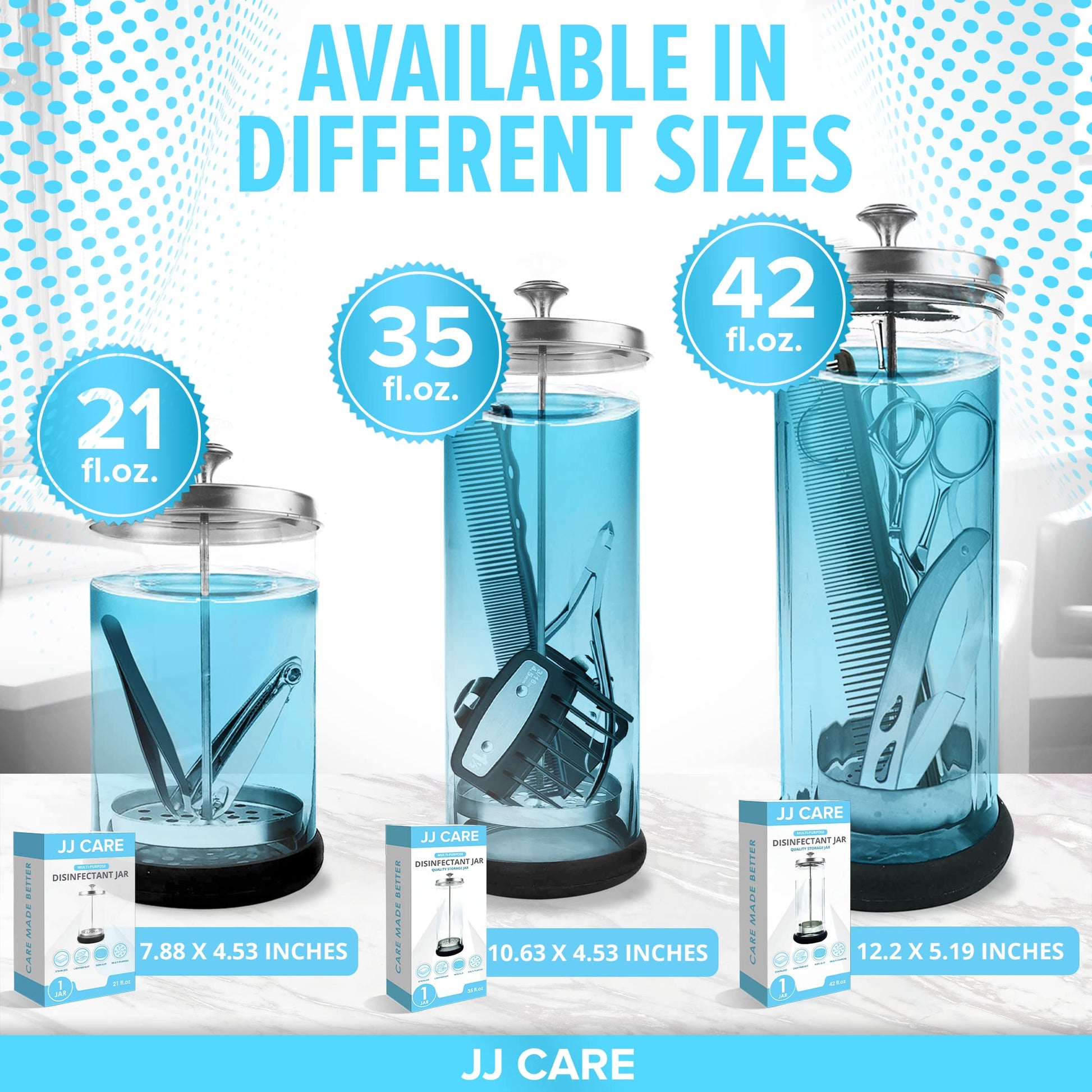 White Smoke JJ CARE Disinfectant Jar (42oz) - Barber Disinfectant Jar Glass, Sanitizer Container w/Stainless Steel Removable Strainer & Cap for Manicure, Salon, Spa and Barber Tools - Silver Lid