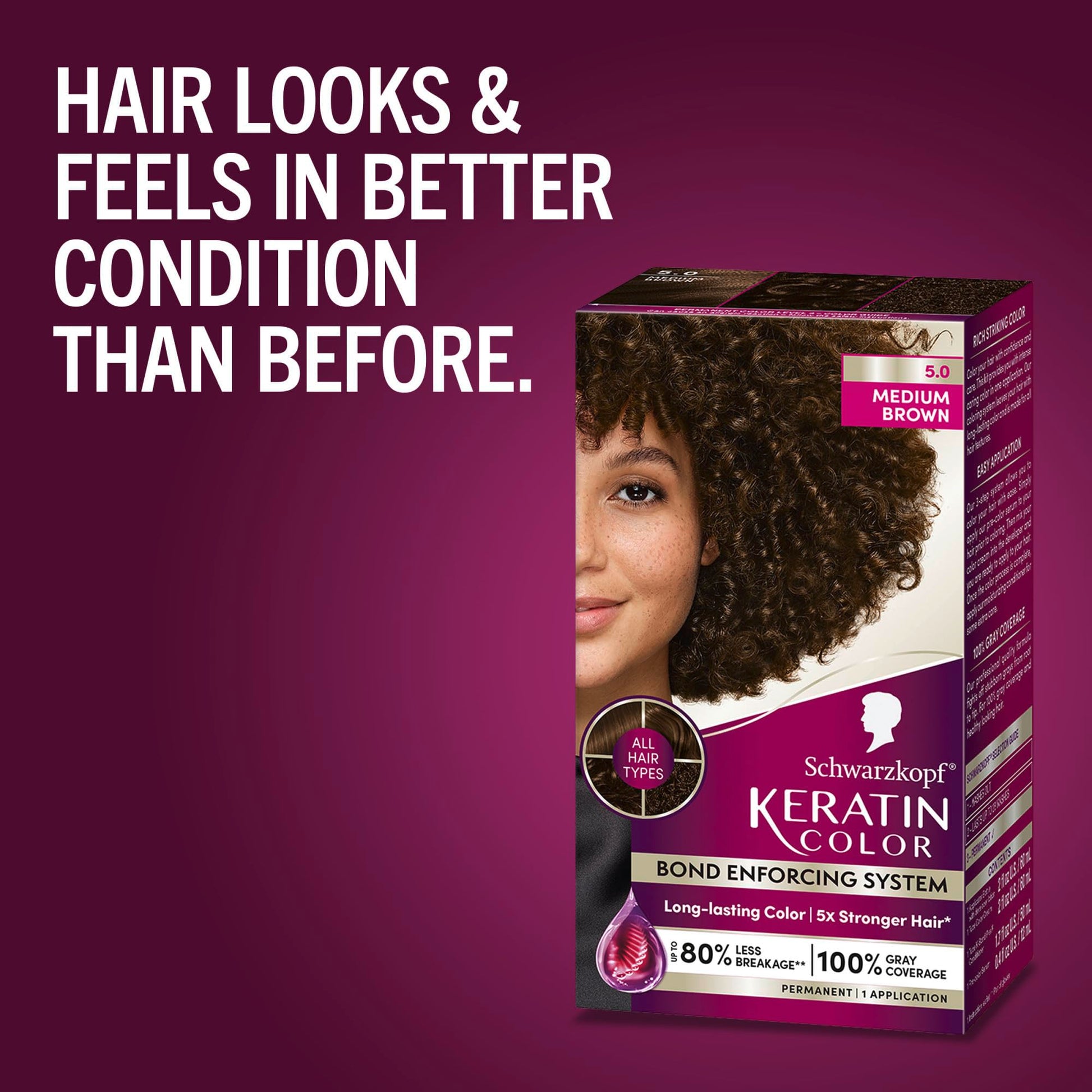Dark Red Schwarzkopf Keratin Permanent Hair Dye Cream, 5.0 Medium Brown, Professional Quality Color for Up to 100% Gray Coverage, Bond Enforcing System