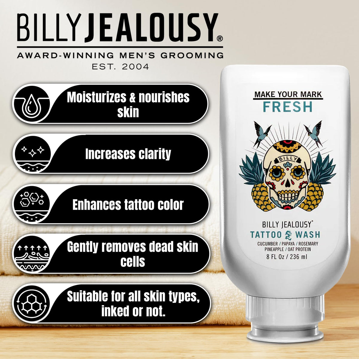 Black Billy Jealousy Make Your Mark Fresh Tattoo Wash, Cleansing and Hydrating Tattoo Aftercare Enriched With Cucumber and Rosemary