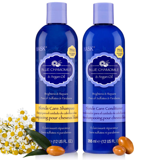 White Smoke HASK Blue Chamomile Shampoo + Conditioner Set for All Hair Types, Color Safe, Free of Gluten, Sulfate, Paraben, Cruelty - 1 Shampoo and 1 Conditioner (24 Fl Oz Each)