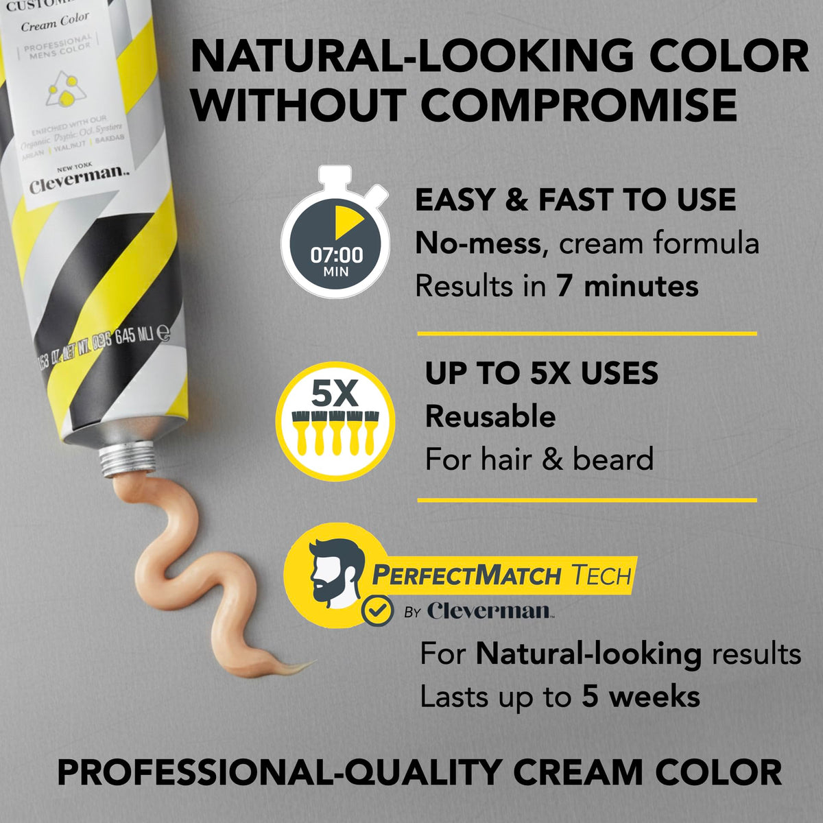 Dark Gray Cleverman Hair & Beard Dye for Men, Light Brown 6.12, Gray Coverage