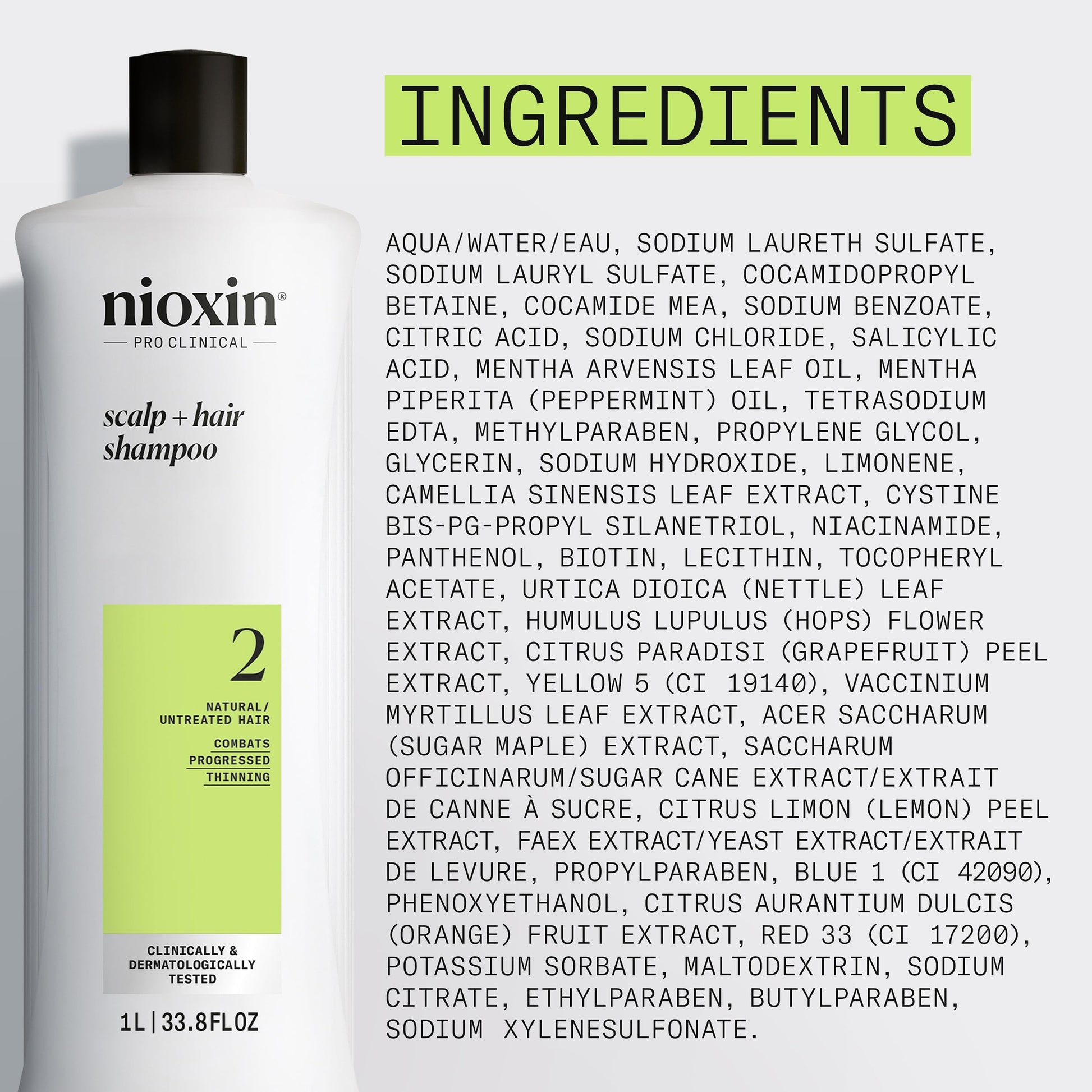 Gray Nioxin Scalp + Hair Thickening System 2 Shampoo| For Natural or Untreated Hair with Progressed Thinning| With Niacinamide and Biotin| 33.8 Fl oz.