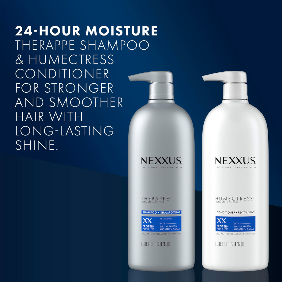 Midnight Blue Nexxus Shampoo and Conditioner and 3 Hair Treatment Masks Therappe Humectress 5 Pack for Dry Hair Silicone-Free, Moisturizing Caviar Complex and Elastin Protein 33.8 oz & 1.5 oz