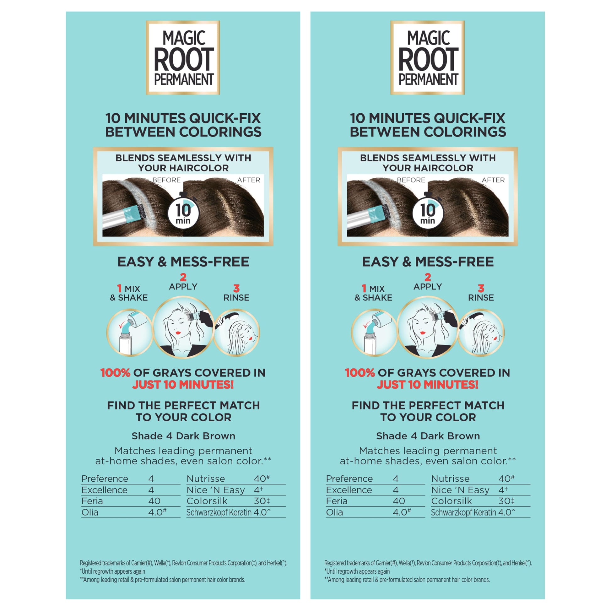 Light Blue L’Oréal Paris Magic Root Permanent Hair Color, 10 Minute Root Coloring Kit with 100% Gray Hair Coverage, 4 Dark Brown, 2 Count